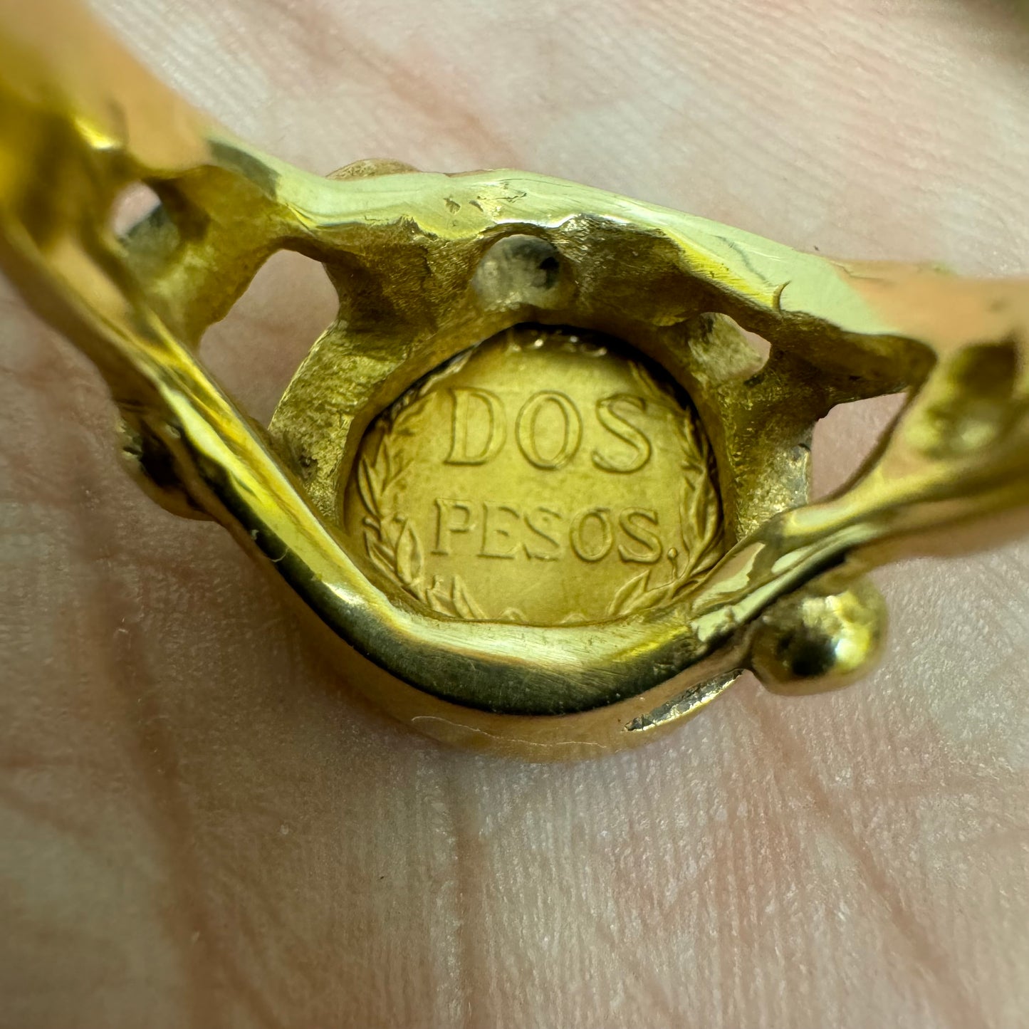 1945 22k Gold Mexican Dos Pesos 14k Yellow Gold Brutalist Nugget Coin Ring (6.5)