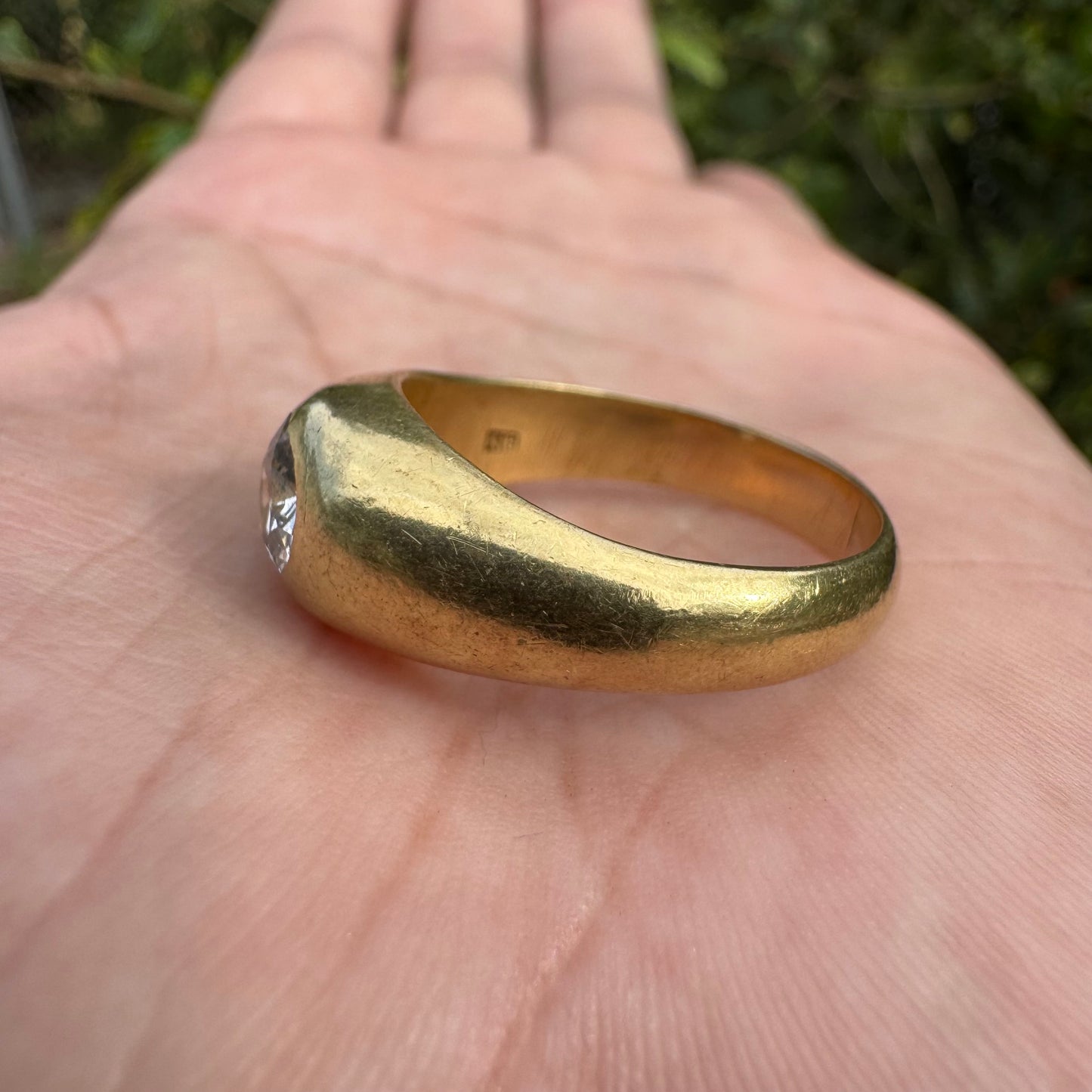 Antique Solid 18k Yellow Gold .91ct Old Euro Cut Diamond “Rub Over” Gypsy Ring (9.5)