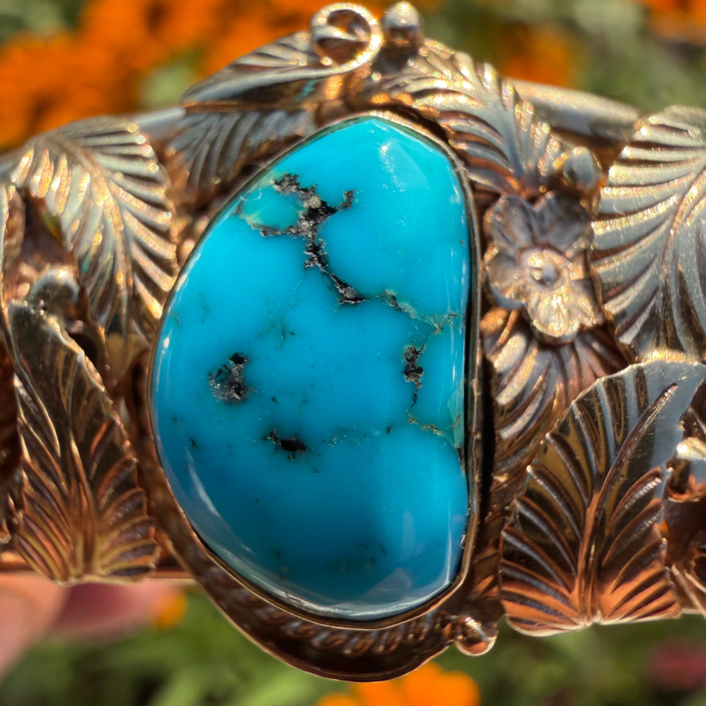 Vintage Solid 14k Yellow Gold Navajo Artist Signed Justin Morris Kingman Turquoise Cuff (6”-7”)