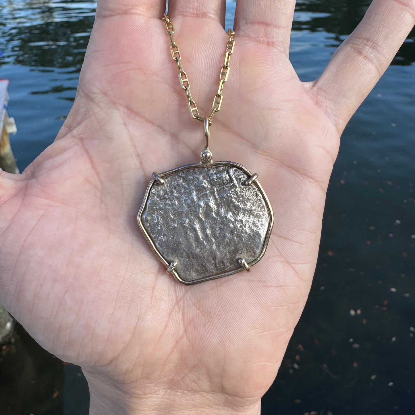 1600’s Philip III Silver 8 Reales Shipwreck Coin 14k Yellow Gold Pendant