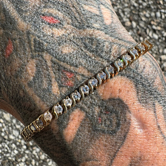Vintage 14k Yellow Gold 2.25CTW Natural Diamond S-Link Tennis Bracelet (7.4”)