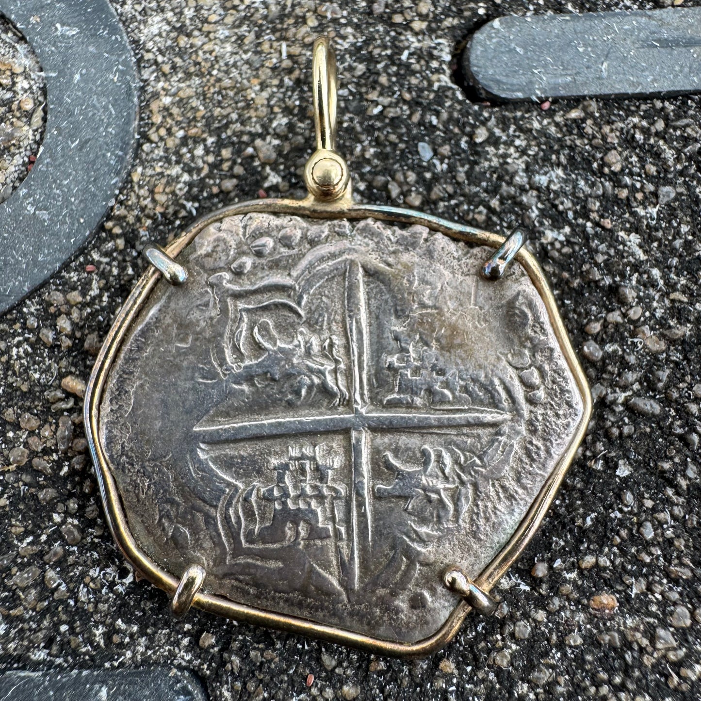 1600’s Philip III Silver 8 Reales Shipwreck Coin 14k Yellow Gold Pendant