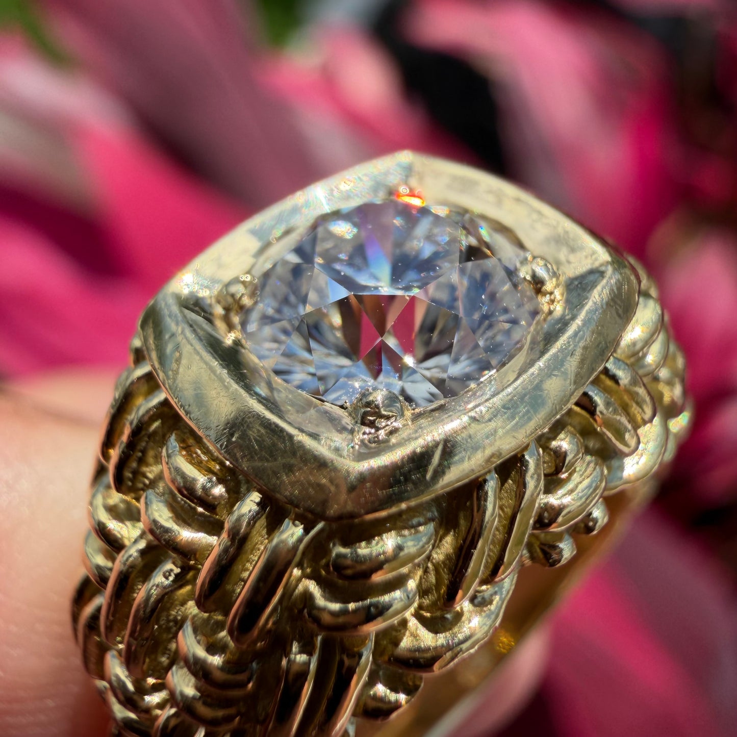 Vintage 2.0ct Natural VS1/I Old Euro Cut Diamond Solid 18k Yellow Gold Basket Weave Solitaire Ring(8)