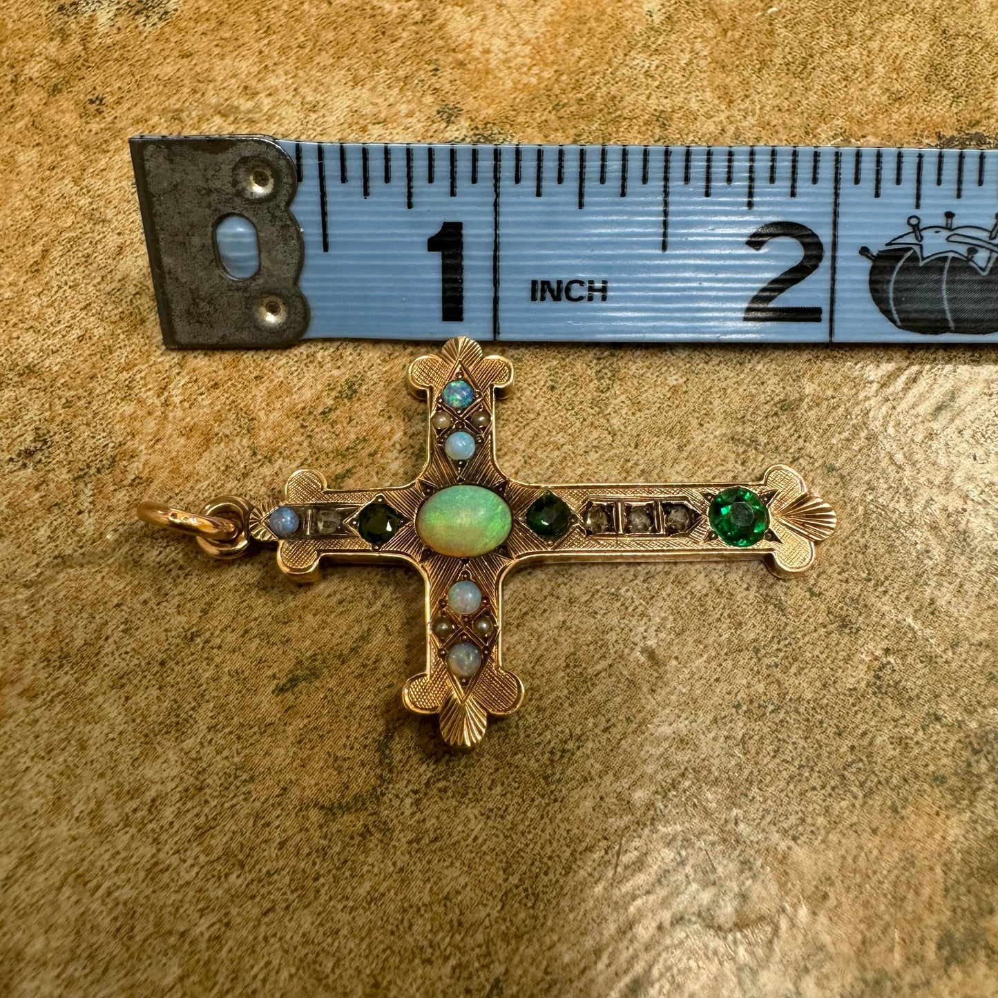 Victorian Solid 14k Gold Rose Cut Diamond, Emerald, Opal Byzantine Cross Pendant