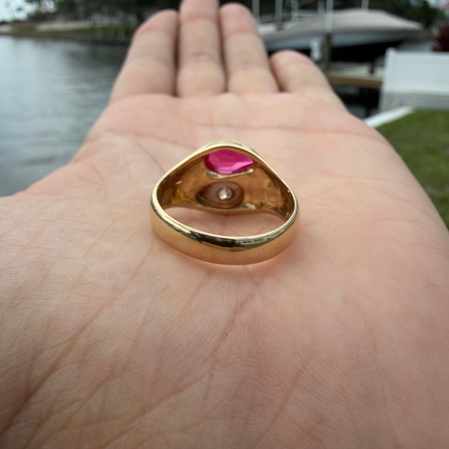 Vintage Solid 14k Yellow Gold Natural Old Euro Cut Diamond Pink Spinel Tony Soprano Pinky Ring (10)