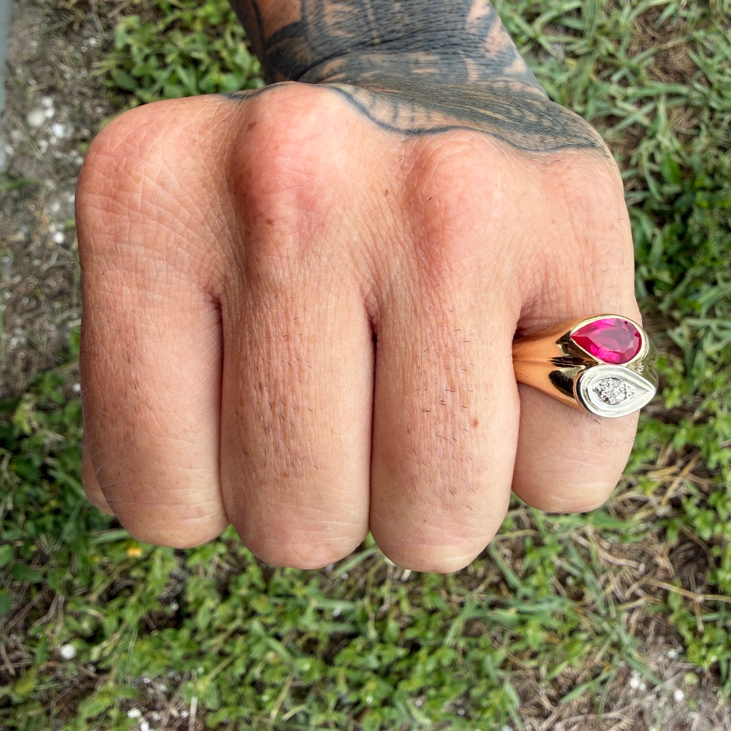 Vintage Solid 14k Yellow Gold Natural Old Euro Cut Diamond Pink Spinel Tony Soprano Pinky Ring (10)