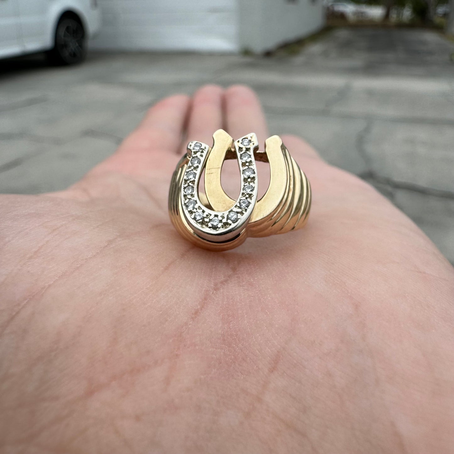 Vintage 14k Gold Natural Diamond Encrusted Lucky Double Horseshoe Ring (7.25)