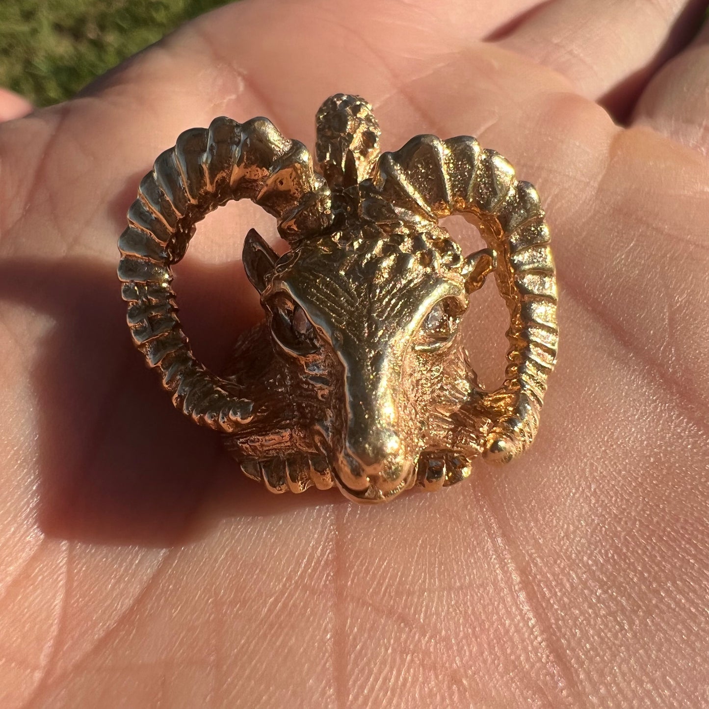 Vintage Solid 14k Yellow Gold Custom Diamond Encrusted Ram Pendant