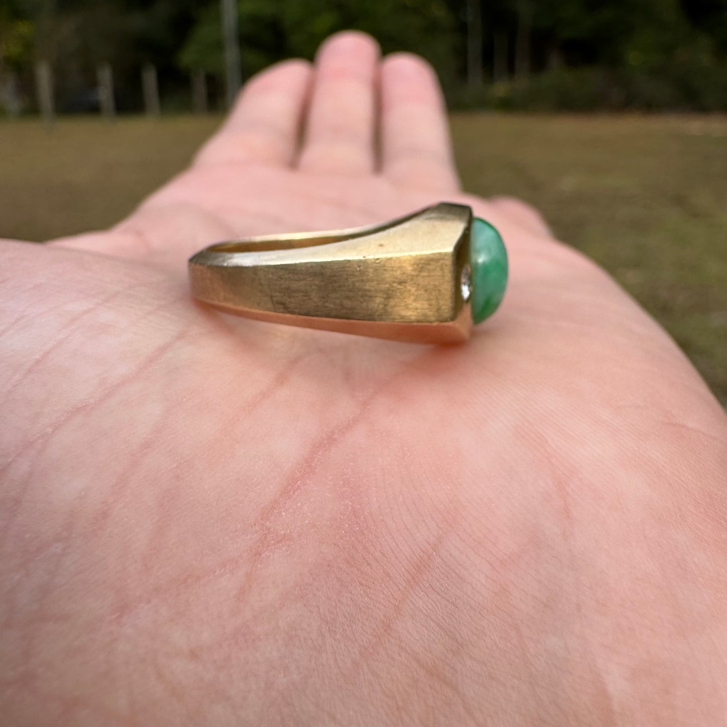 Mid-Century Solid 14k Yellow Gold Apple Jade Natural Diamond Trilogy Ring (9.5)