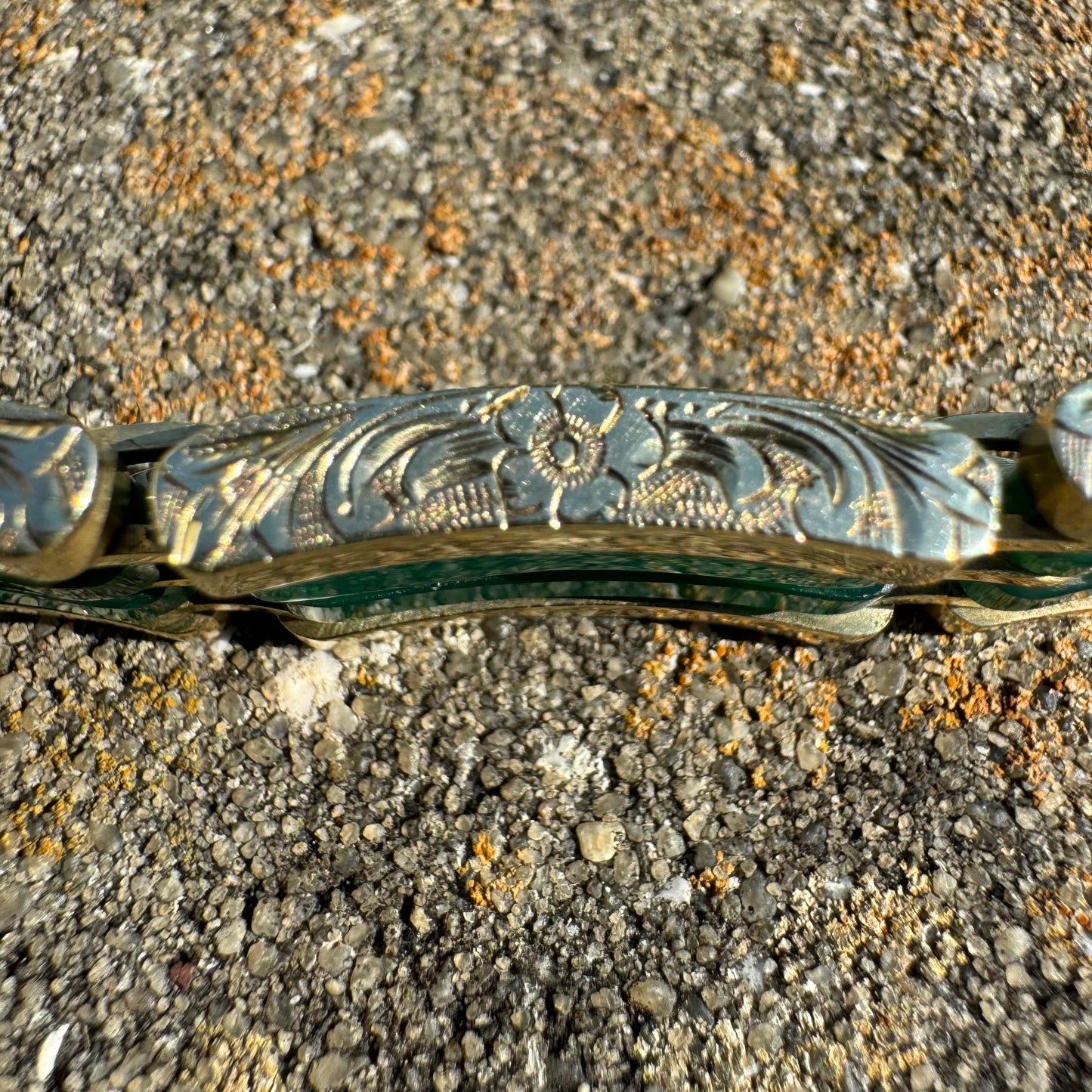 Art Deco Austro-Hungarian 14k Yellow Gold Chrysoprase Glass Enameled Floral Engraved Bracelet (7”)