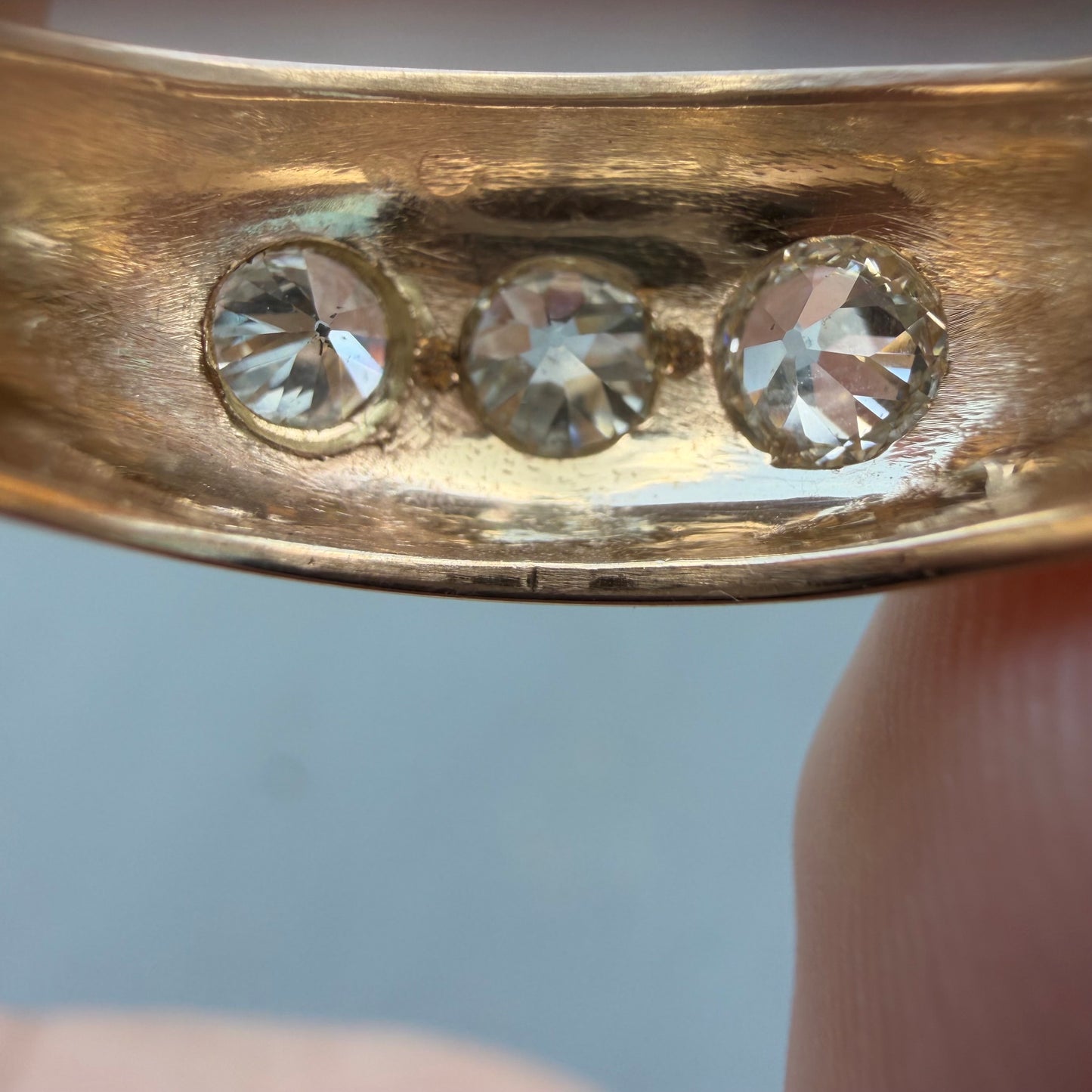 Art Deco Solid 14k Yellow Gold 1.20ctw Natural Old Cut Diamond Gypsy Trilogy Ring (6.5)