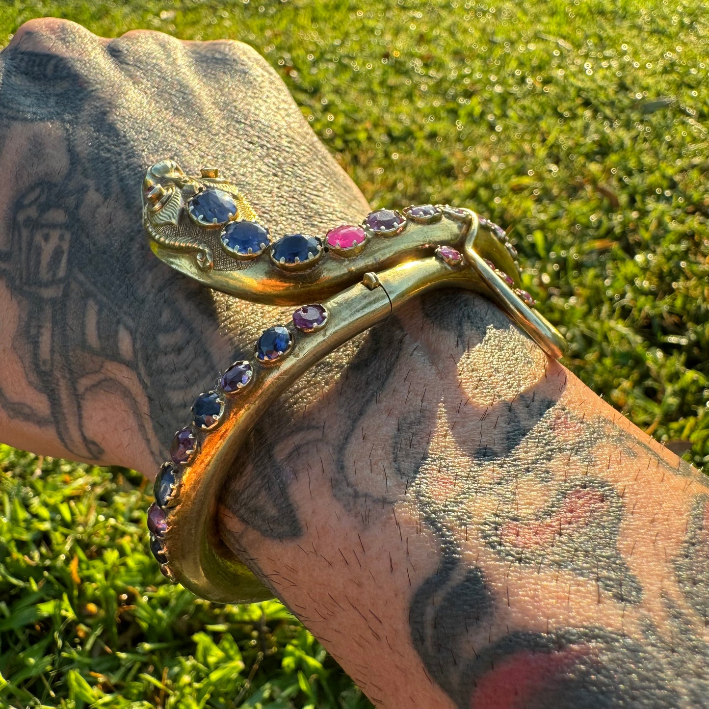 Mid 1800’s 15k Yellow Gold Blue And Pink Sapphire Encrusted Snake Bracelet (6”-7”)