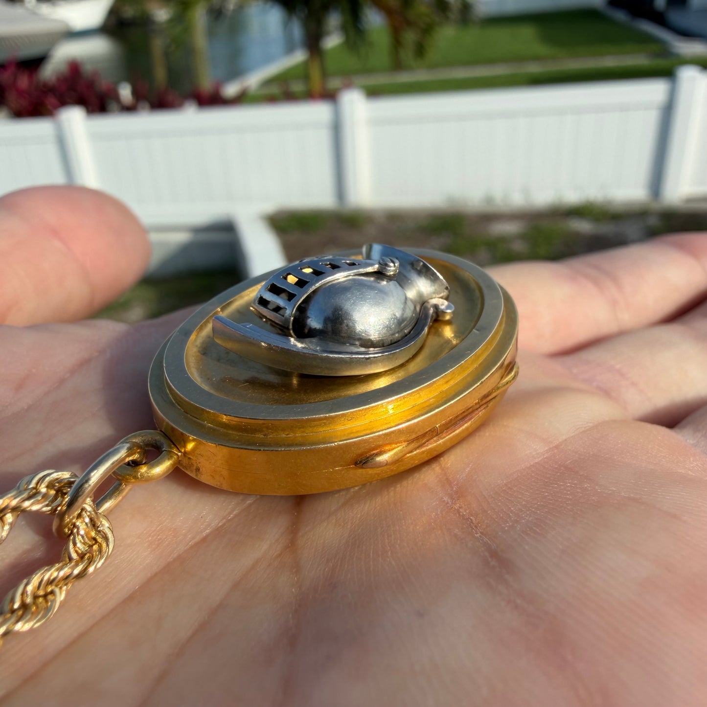 Victorian Solid 18k Yellow Gold/Platinum Large Medieval Burgonet Helmet Locket Pendant