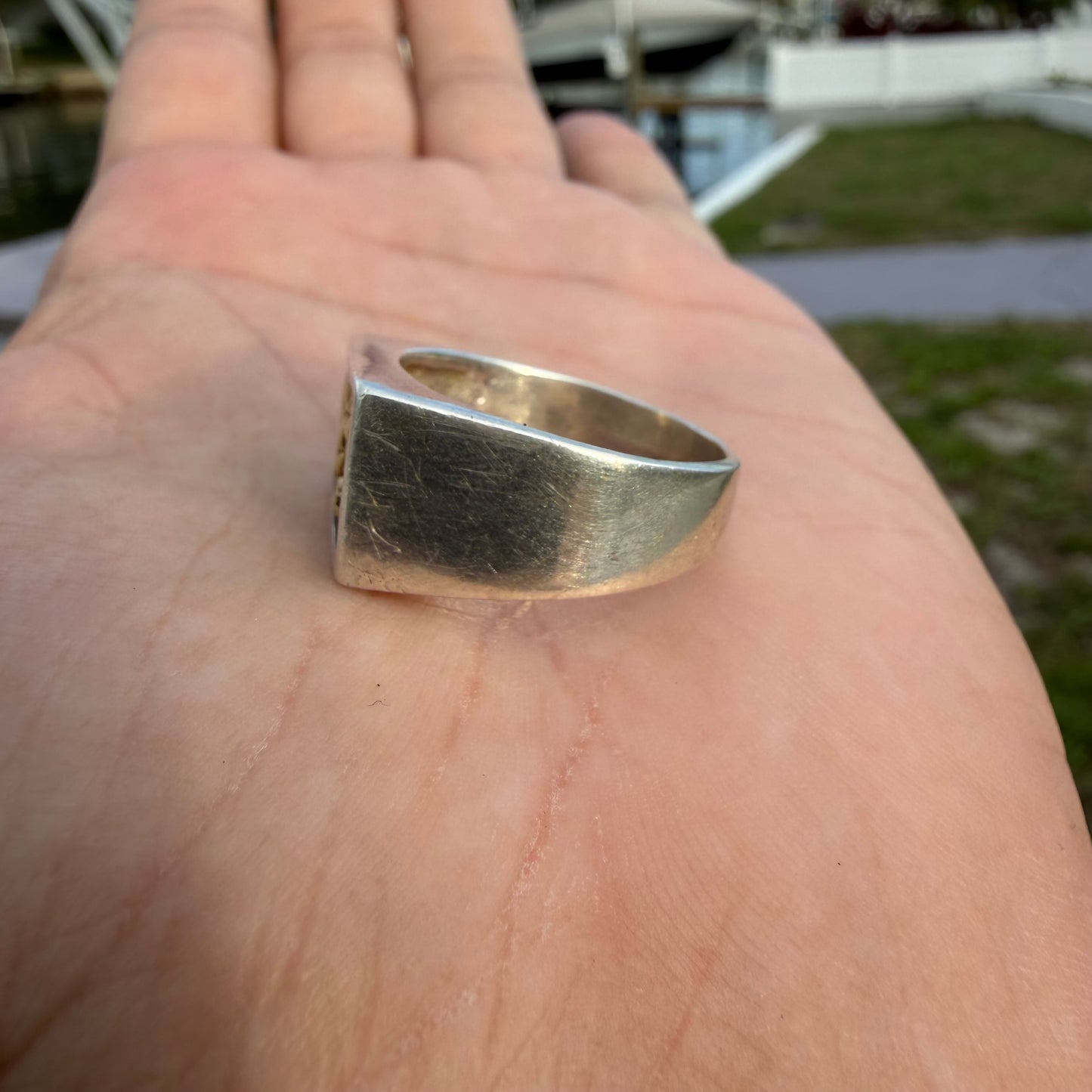 Vintage Solid Sterling Silver 23k Raw Natural Gold Placer Nugget Signet Ring (11)