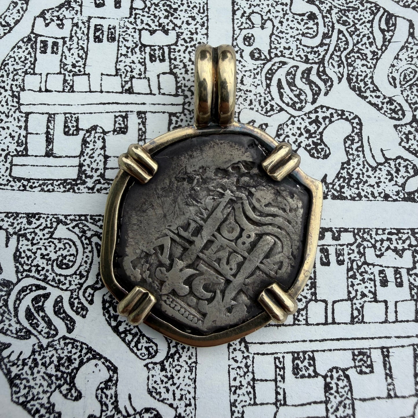 1680 Potosi V Bolivia Silver 2 Reale Coin Vintage Custom 14k Yellow Gold Pendant