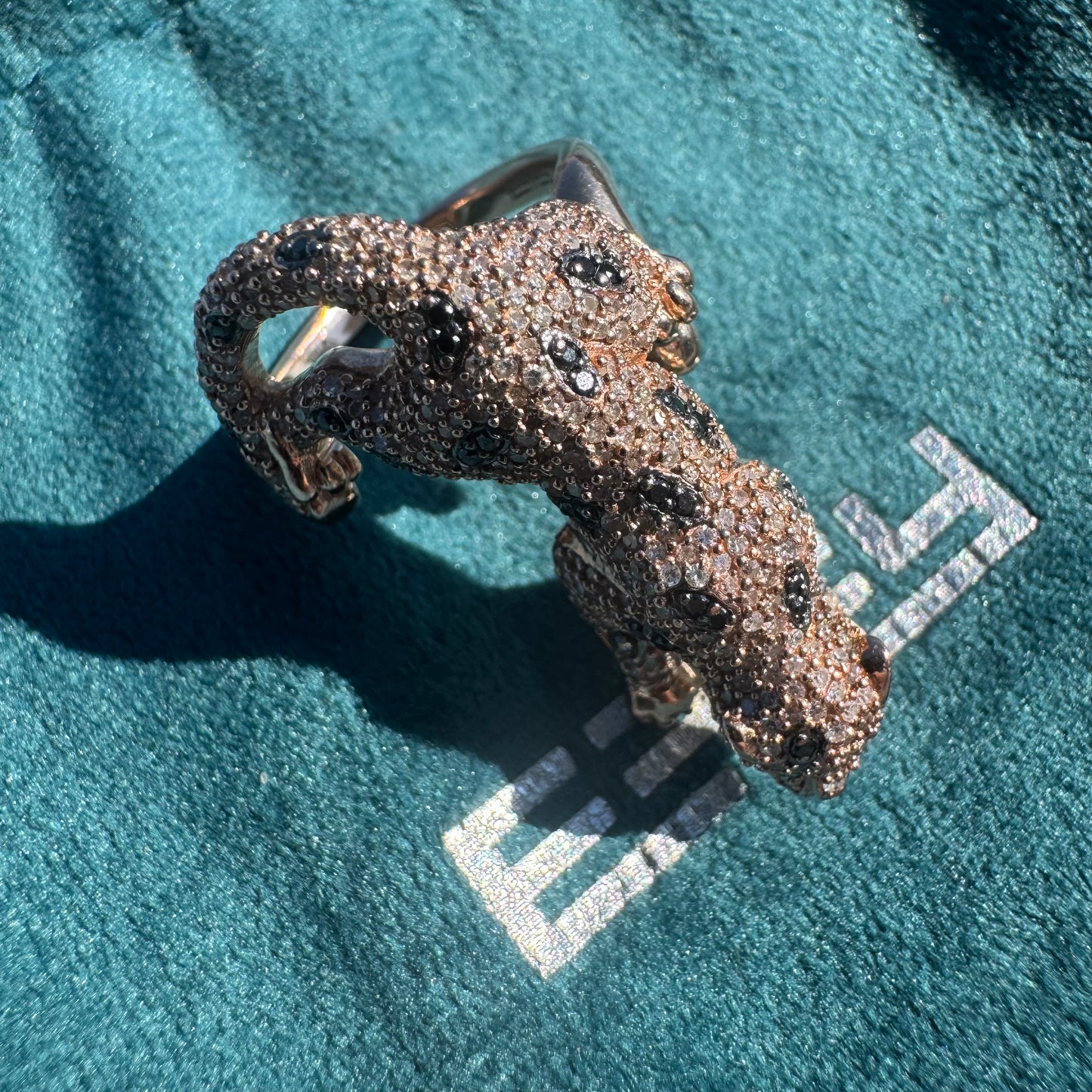 Effy Solid 14k Rose Gold 1.52ctw Natural Diamond And Emerald Stalking Panther Ring (7.25)