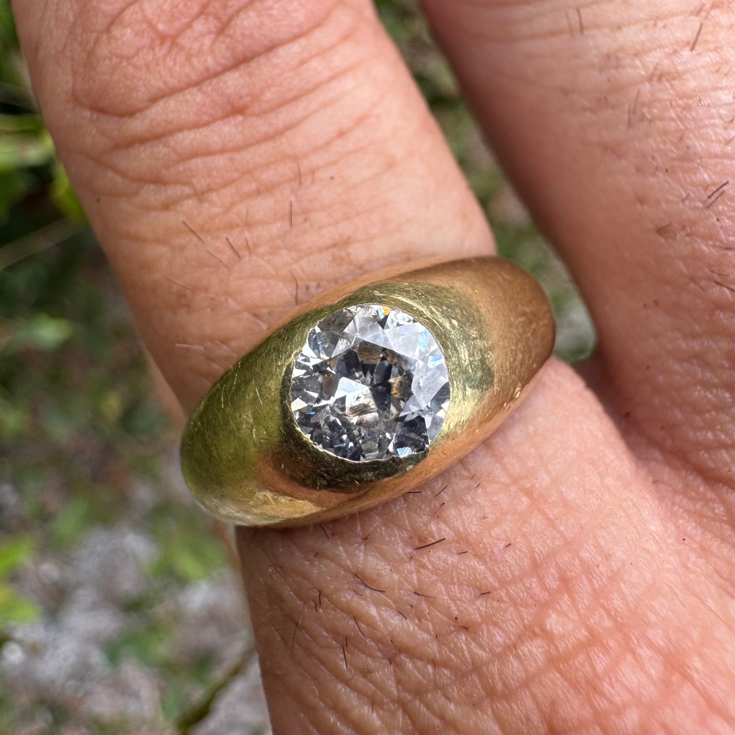 Antique Solid 18k Yellow Gold .91ct Old Euro Cut Diamond “Rub Over” Gypsy Ring (9.5)