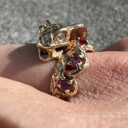 Vintage Custom Made Solid 14k Yellow Gold Natural Diamond And Ruby Encrusted Cobra Ring (7)