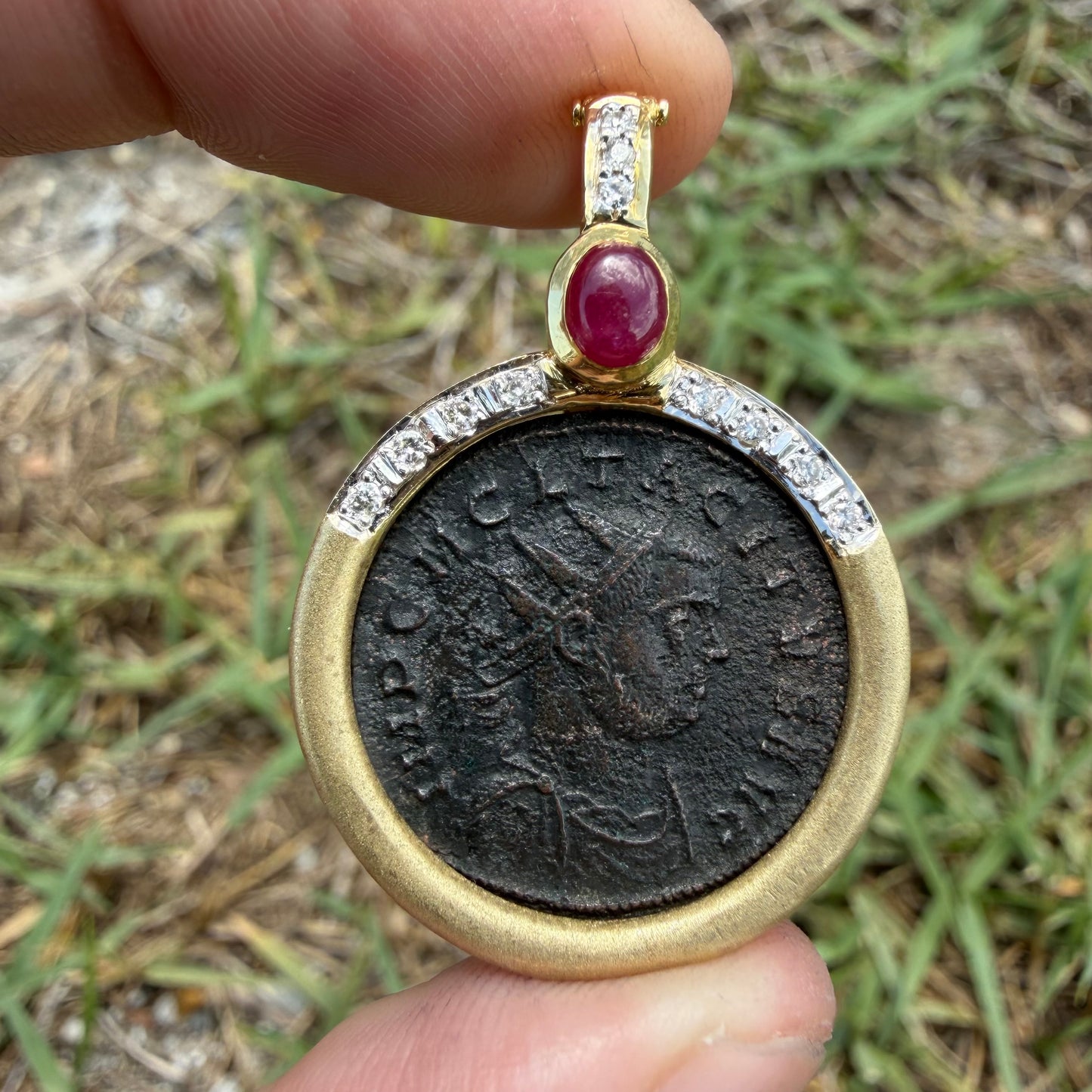 Vintage 14k Yellow Gold Natural Diamond and Ruby Ancient 275-276A.D Tacitus Roman Coin Pendant