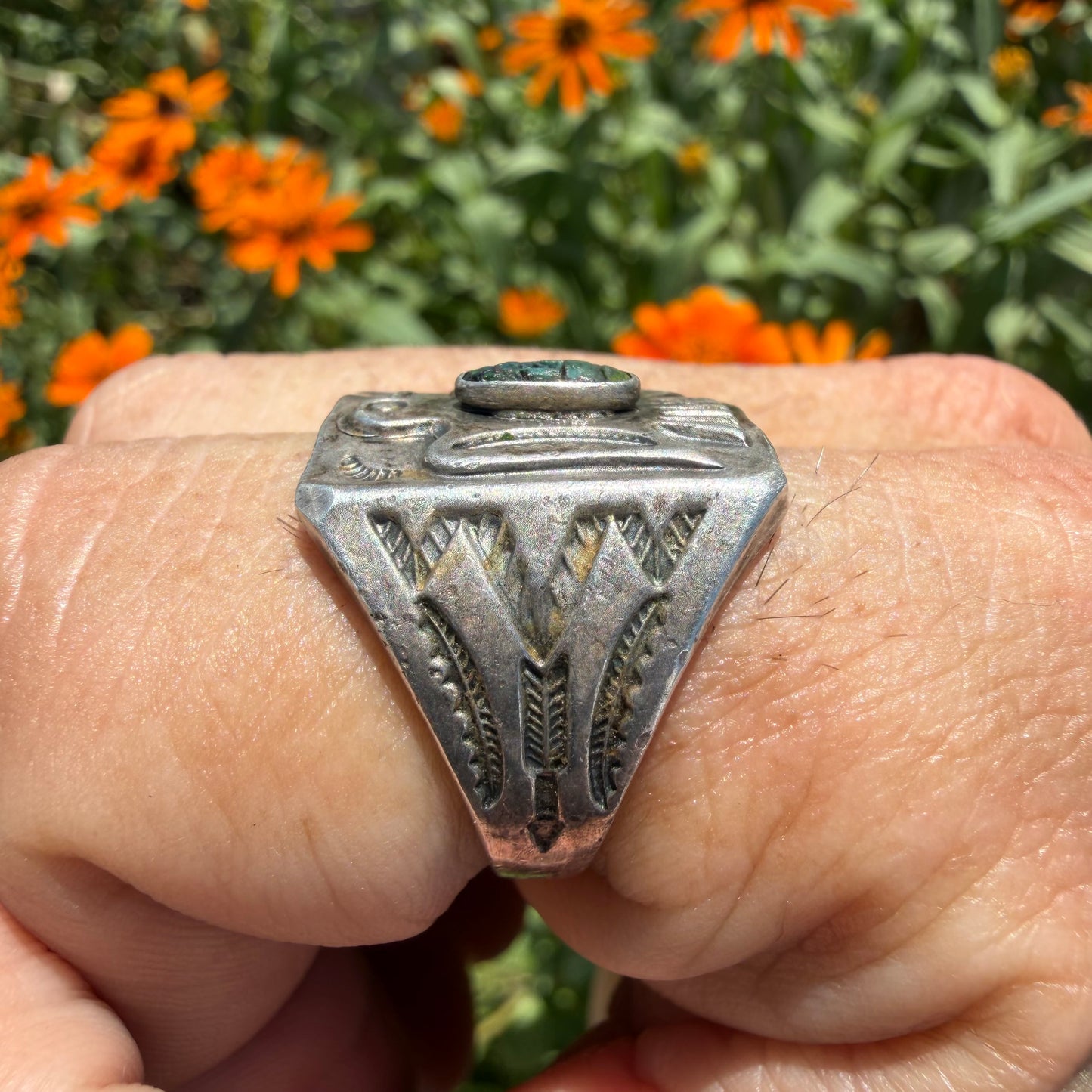 1930’s/40’s Sterling Silver Turquoise Thunderbird Signet Ring (8.75)