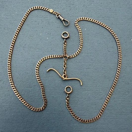 1917 Solid 14k Yellow Gold Double Albert Curb Link Watch Chain Necklace (22.5”)