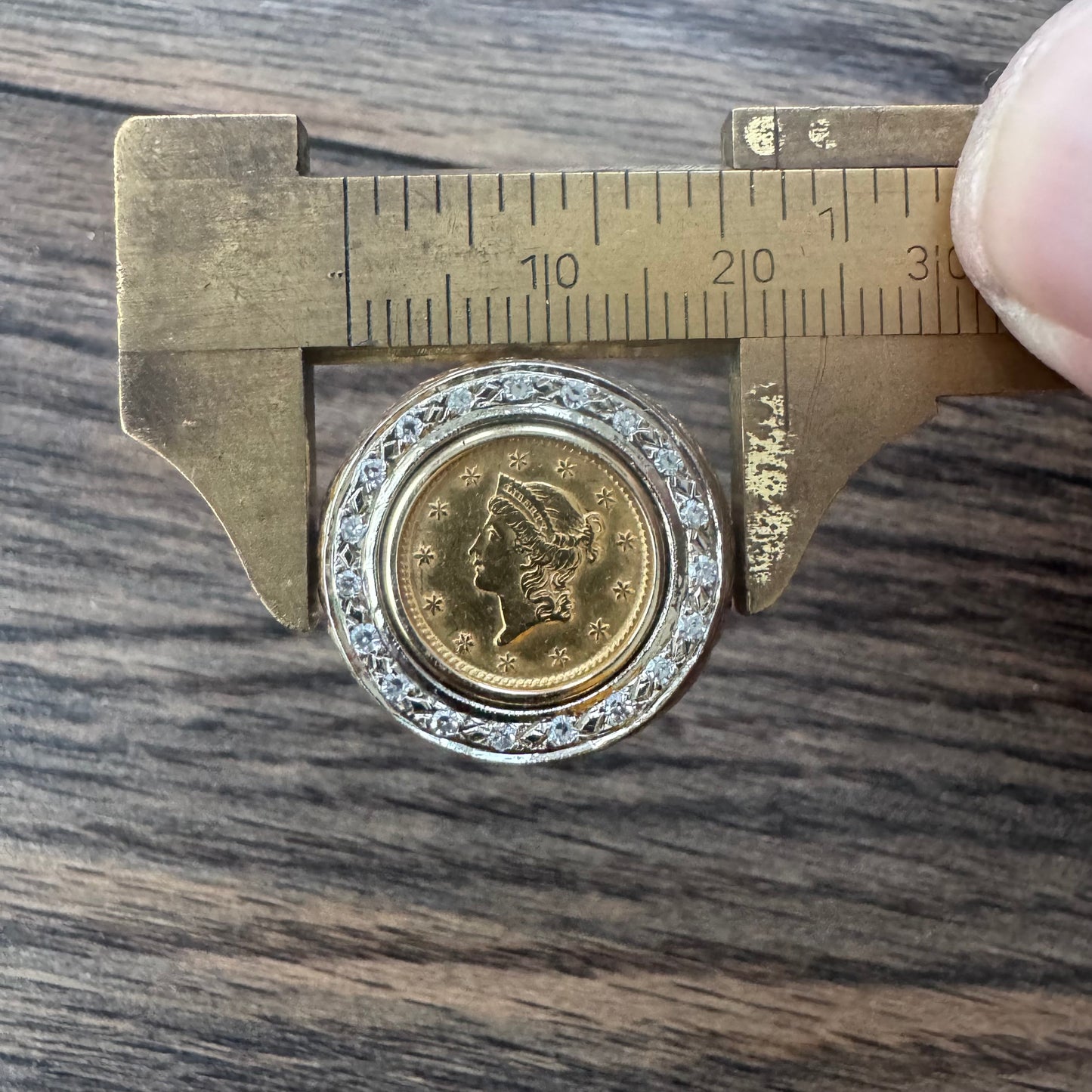 1853 $1 Gold Liberty Coin (22k) Solid 14k Yellow Gold Natural Diamond Halo Nugget Ring (7)