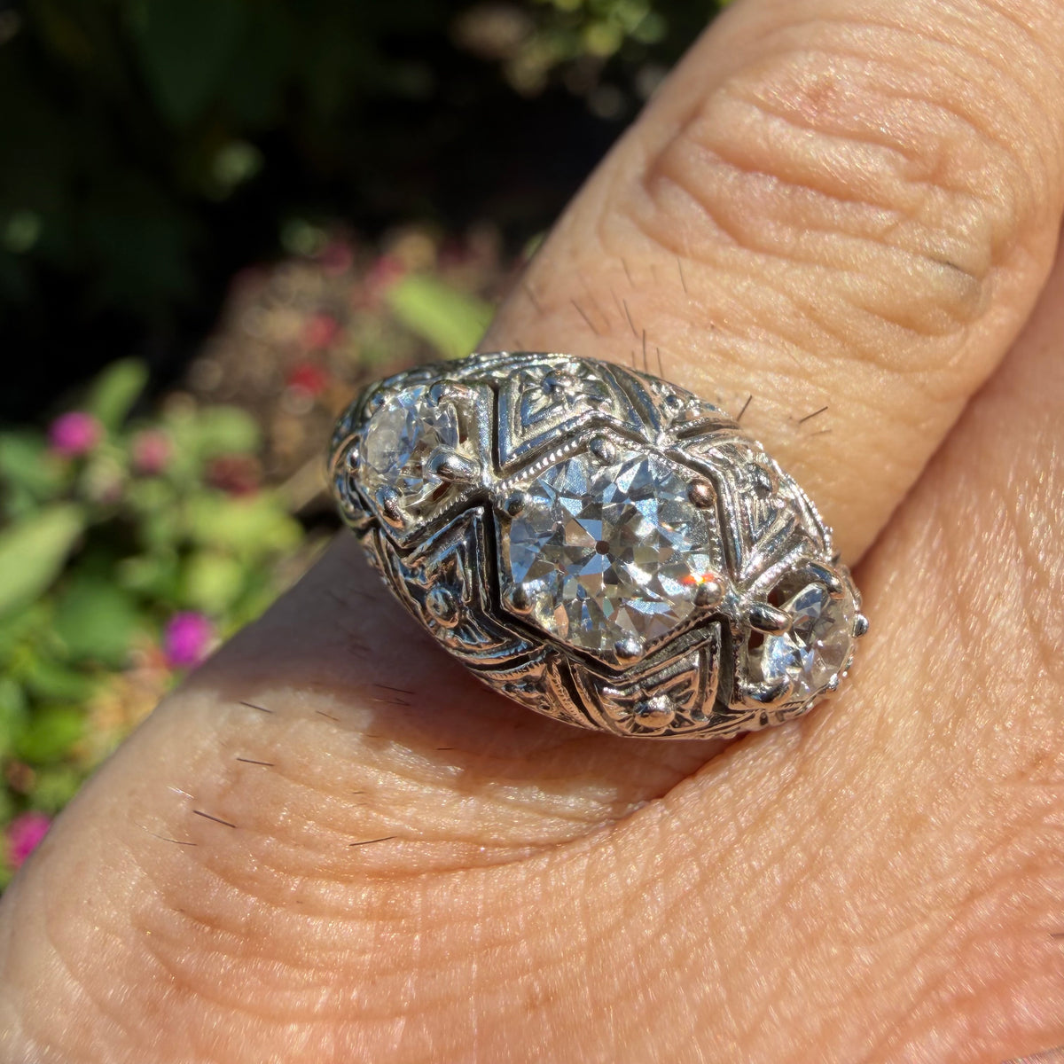 Art Deco Solid Platinum 1.0ctw Natural Old Euro Cut Diamond Trilogy Dome Ring (6.5)