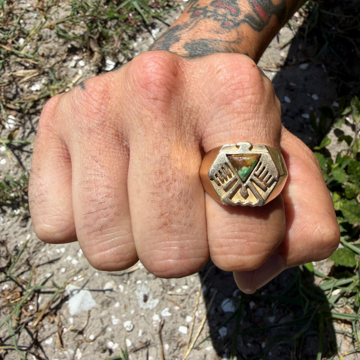 Mid-Century Solid 14k Yellow Gold Heavyweight Turquoise Thunderbird Signet Ring (11.5)