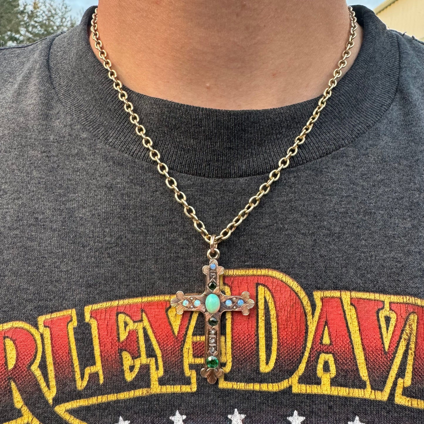 Victorian Solid 14k Gold Rose Cut Diamond, Emerald, Opal Byzantine Cross Pendant