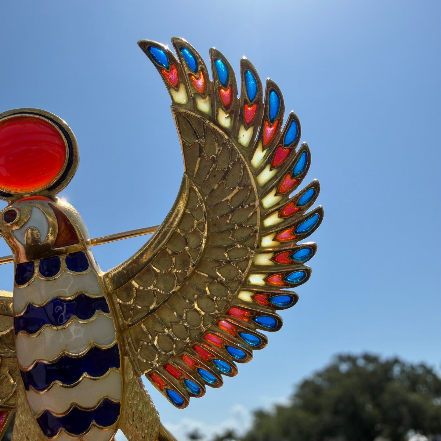 Vintage Solid 18k Yellow Gold Plique-à-Jour Large Egyptian Revival Horus Falcon Pendant/Brooch
