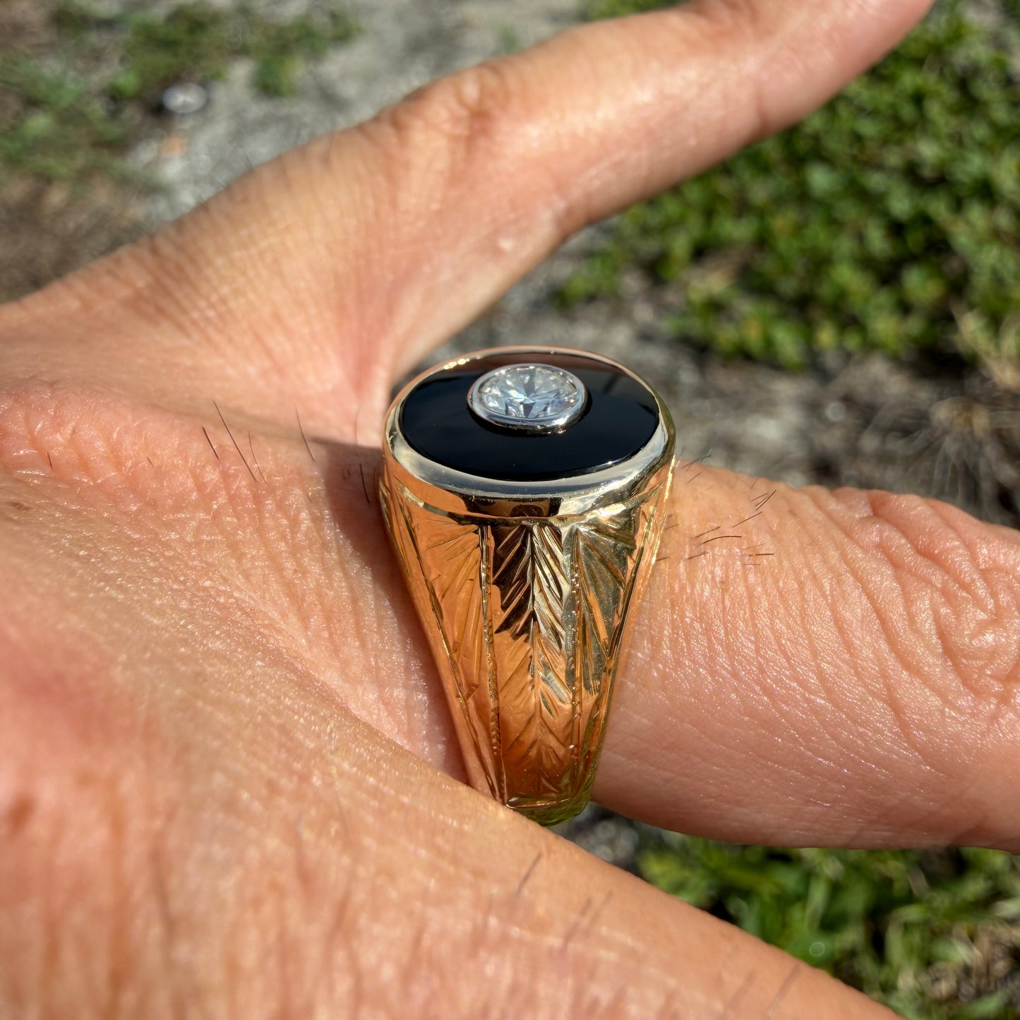 Art Deco Handcrafted Solid 18k Yellow Gold .56ct Natural Old Euro Cut Diamond Black Onyx Signet Ring (9)