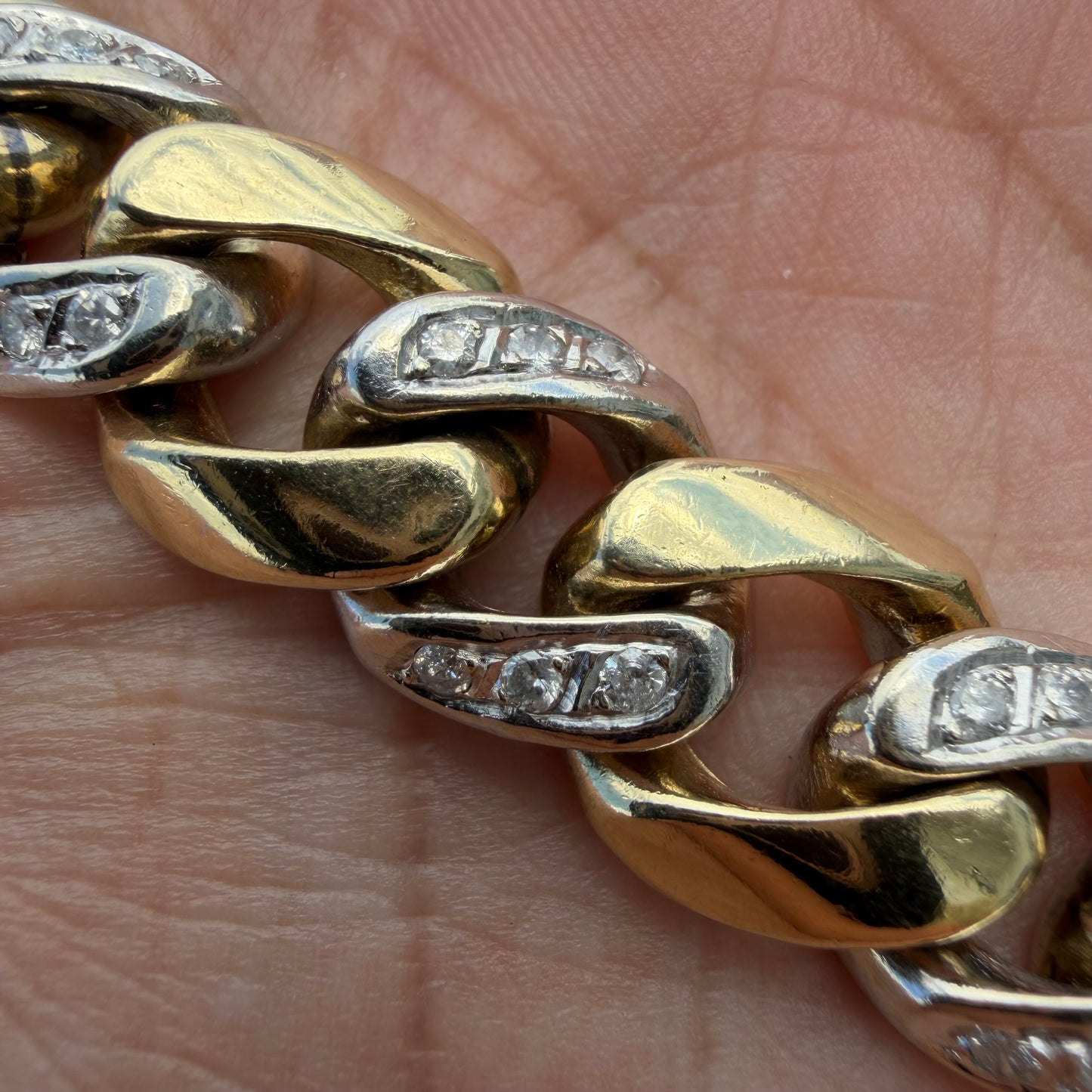 Vintage Solid 14k Two-Tone Yellow & White Gold Super Heavyweight 2.0ctw Natural Diamond Encrusted Cuban Link Bracelet (8”)