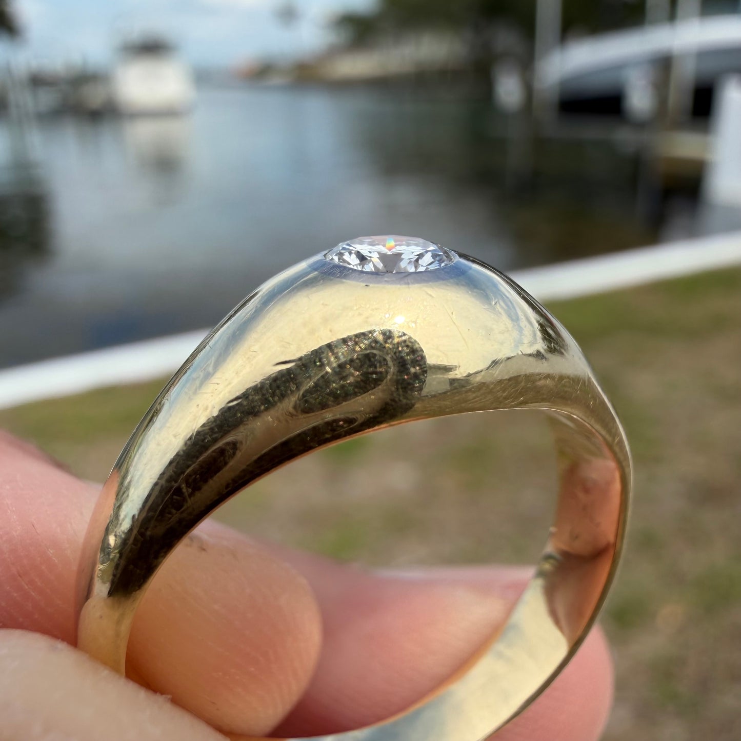Art Deco Solid 14k Yellow Gold .40ct Natural VS Old Euro Cut Diamond Rub Over Gypsy Ring (8.5)
