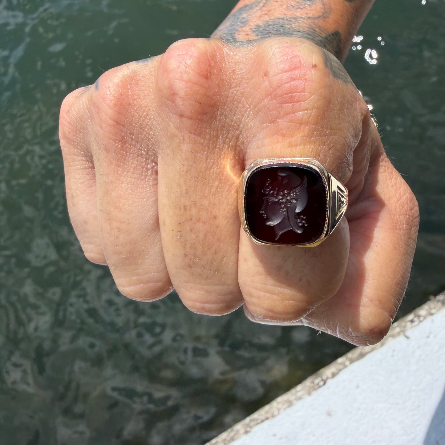 1930’s Solid 14k Yellow Gold Hermes Carved Carnelian Intaglio Signet Ring (11)