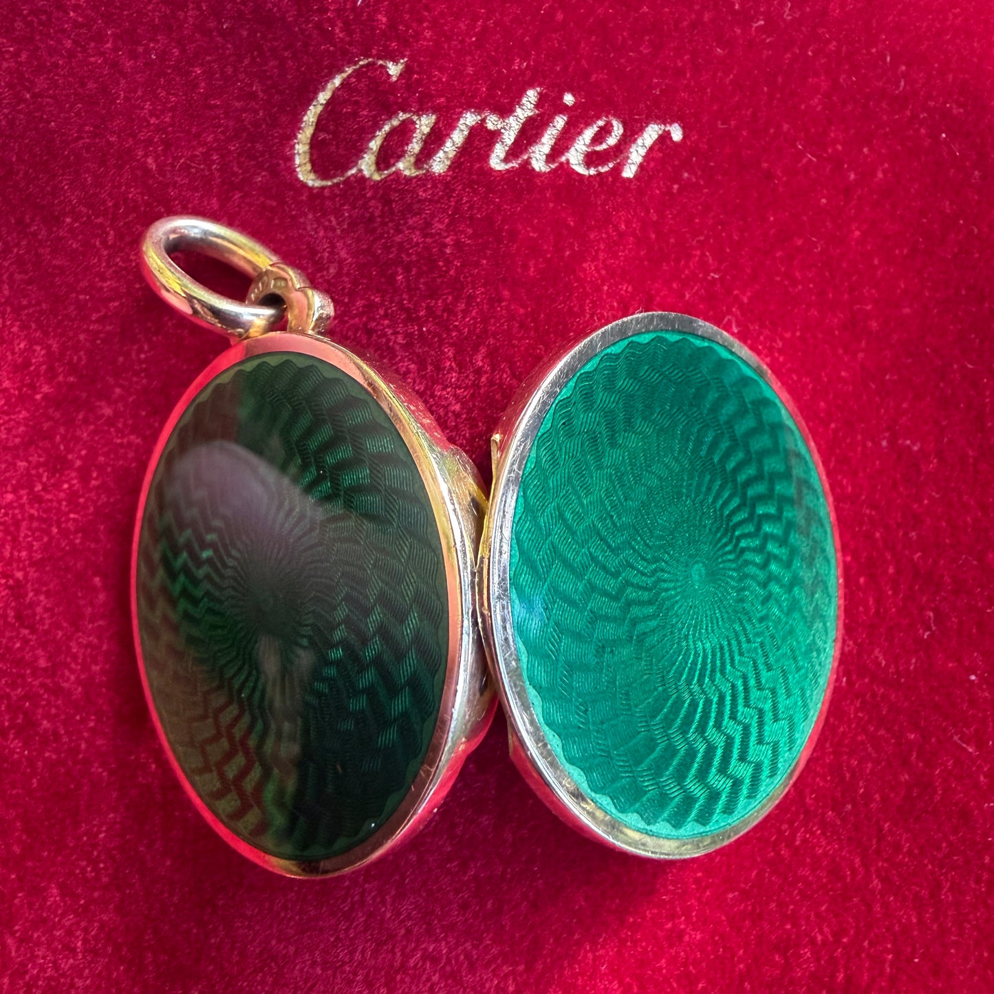 1950’s Cartier Solid 18K Yellow Gold Guilloche Enamel Locket Pendant