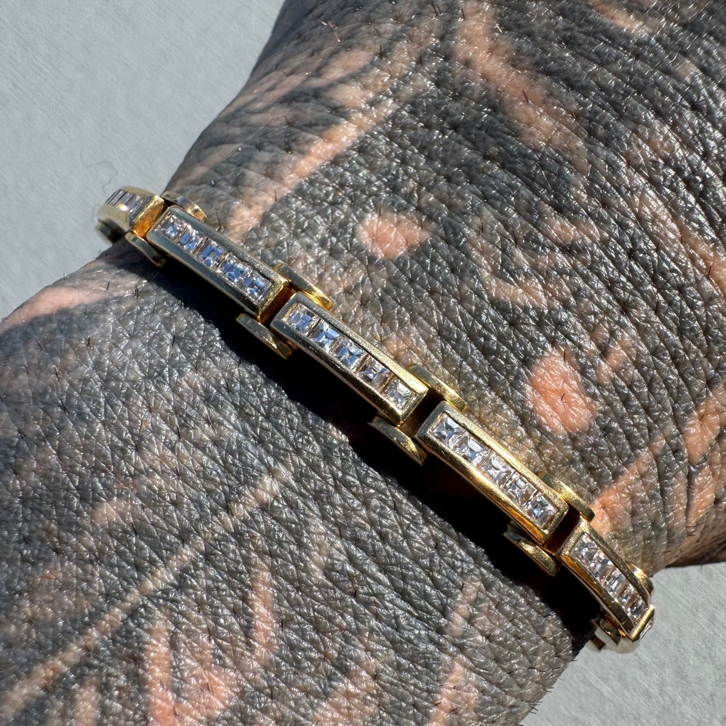 Vintage Custom Hand Crafted Solid 18k Yellow Gold 3.5CTW Natural Princess Cut Diamond Bracelet (6.5”)