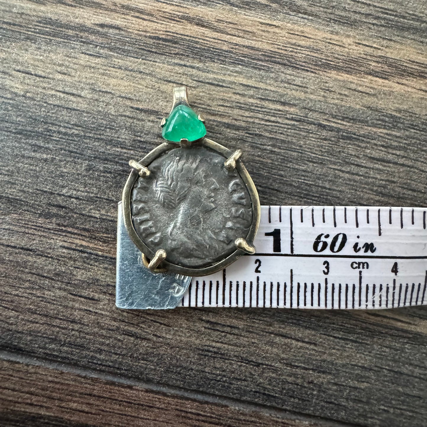 178 A.D Crispina Roman Empress Silver Denarius Solid 14k Yellow Gold Raw Emerald Pendant