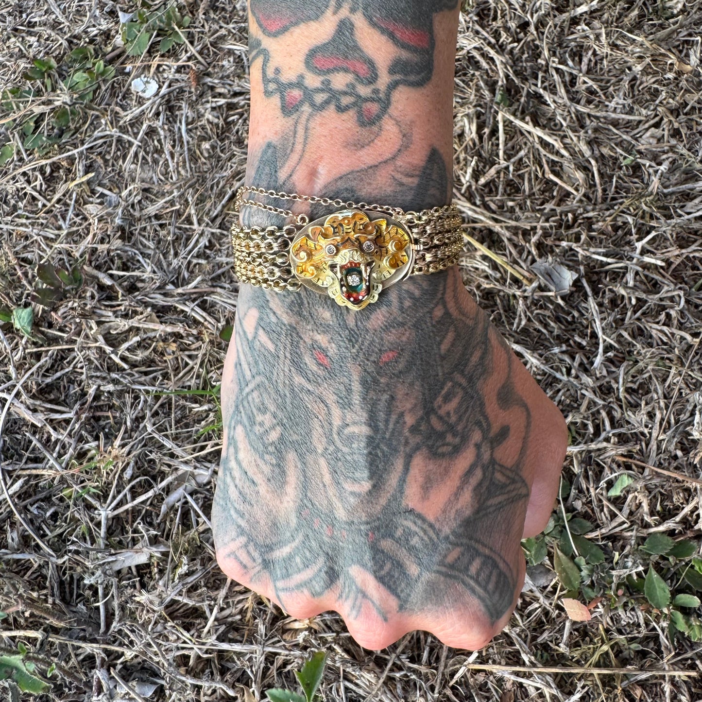 Art Nouveau Solid 14k Yellow Gold Natural Old Mine Cut Diamond Enameled Tiger Bracelet (6.25”)