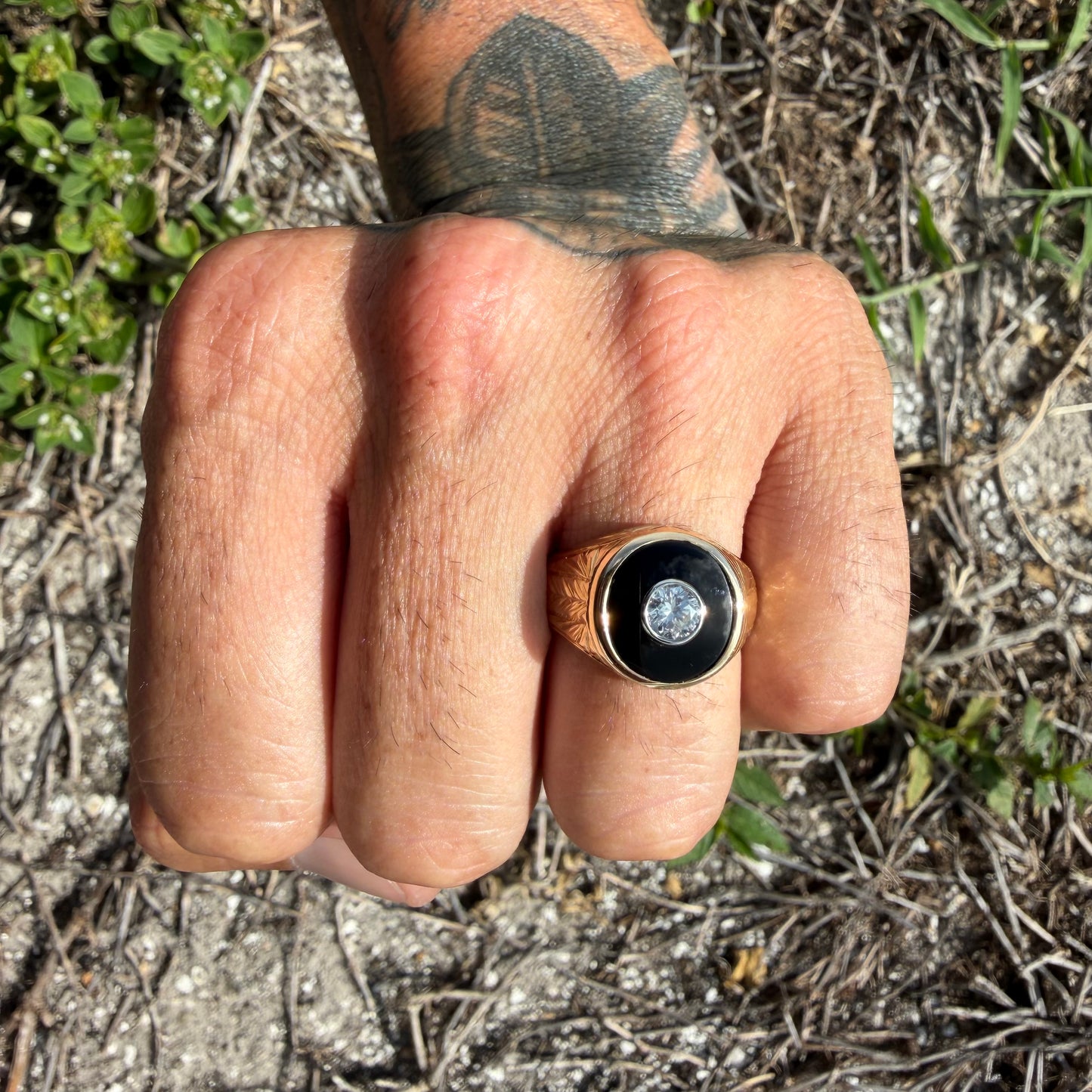 Art Deco Handcrafted Solid 18k Yellow Gold .56ct Natural Old Euro Cut Diamond Black Onyx Signet Ring (9)