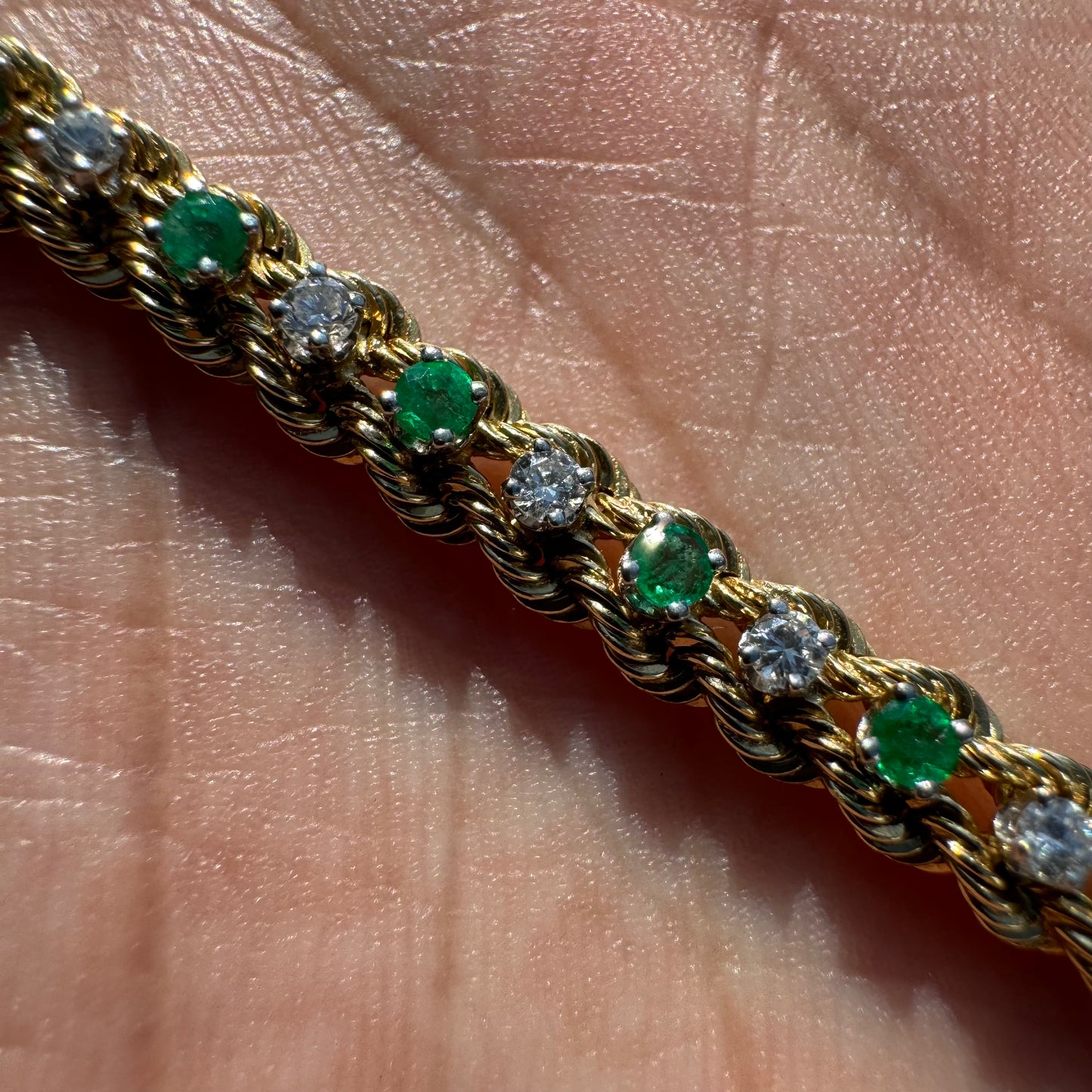 1980’s Solid 14k Yellow Gold 2.0CTW Natural Emerald And Diamond Double Rope Bracelet (7”)