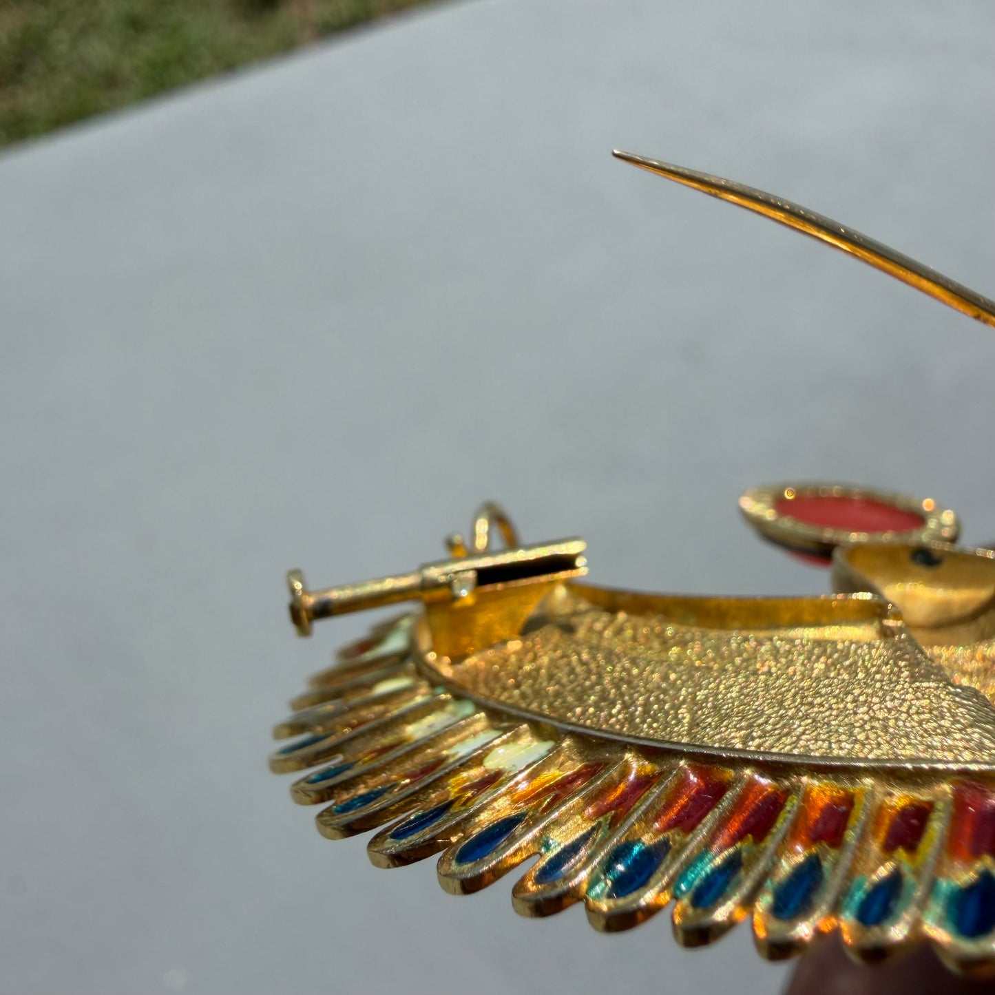 Vintage Solid 18k Yellow Gold Plique-à-Jour Large Egyptian Revival Horus Falcon Pendant/Brooch