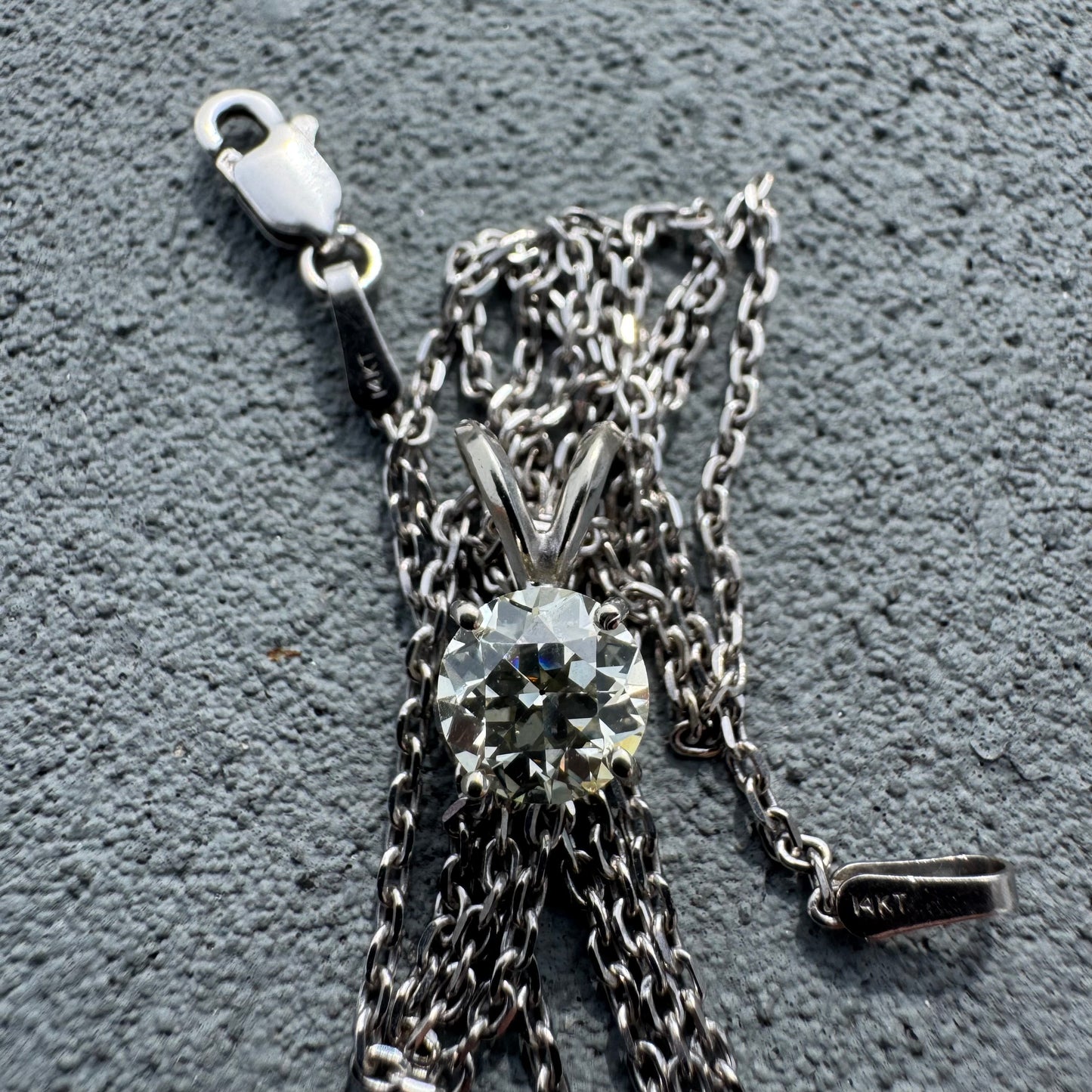 Antique 1.0ct Old Euro Cut Natural Diamond Solitaire Solid 14k White Gold Necklace (18”)