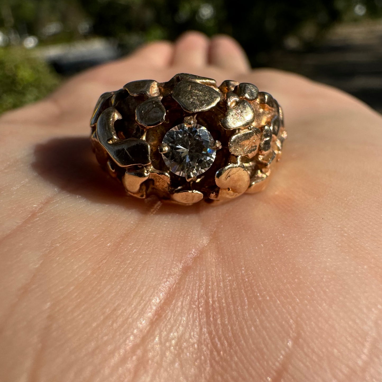 1970’s Solid 14k Yellow Gold .25ct Natural Diamond Brutalist Nugget Gypsy Ring (8)