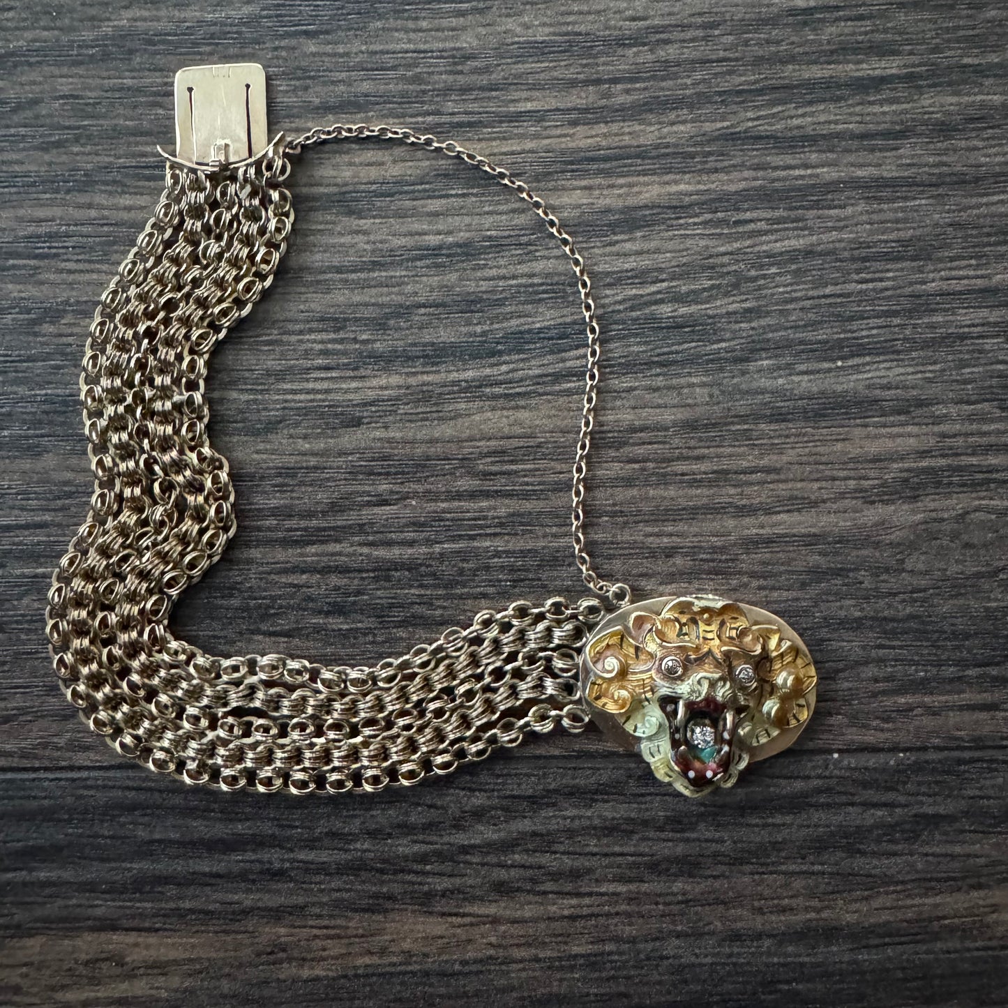 Art Nouveau Solid 14k Yellow Gold Natural Old Mine Cut Diamond Enameled Tiger Bracelet (6.25”)