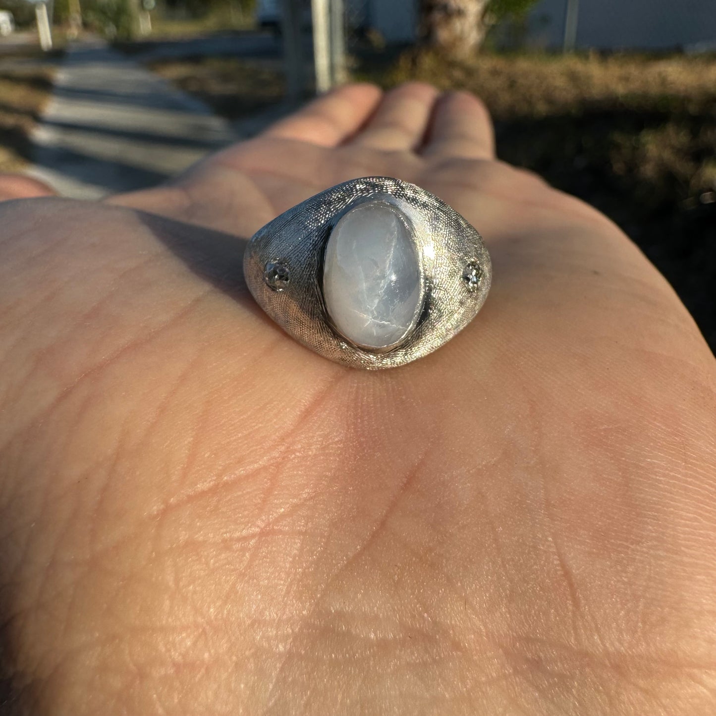 Art Deco Solid 18k White Gold 3.0Ct White Star Sapphire Natural Old Euro Cut Diamond Trilogy Ring (6.5)