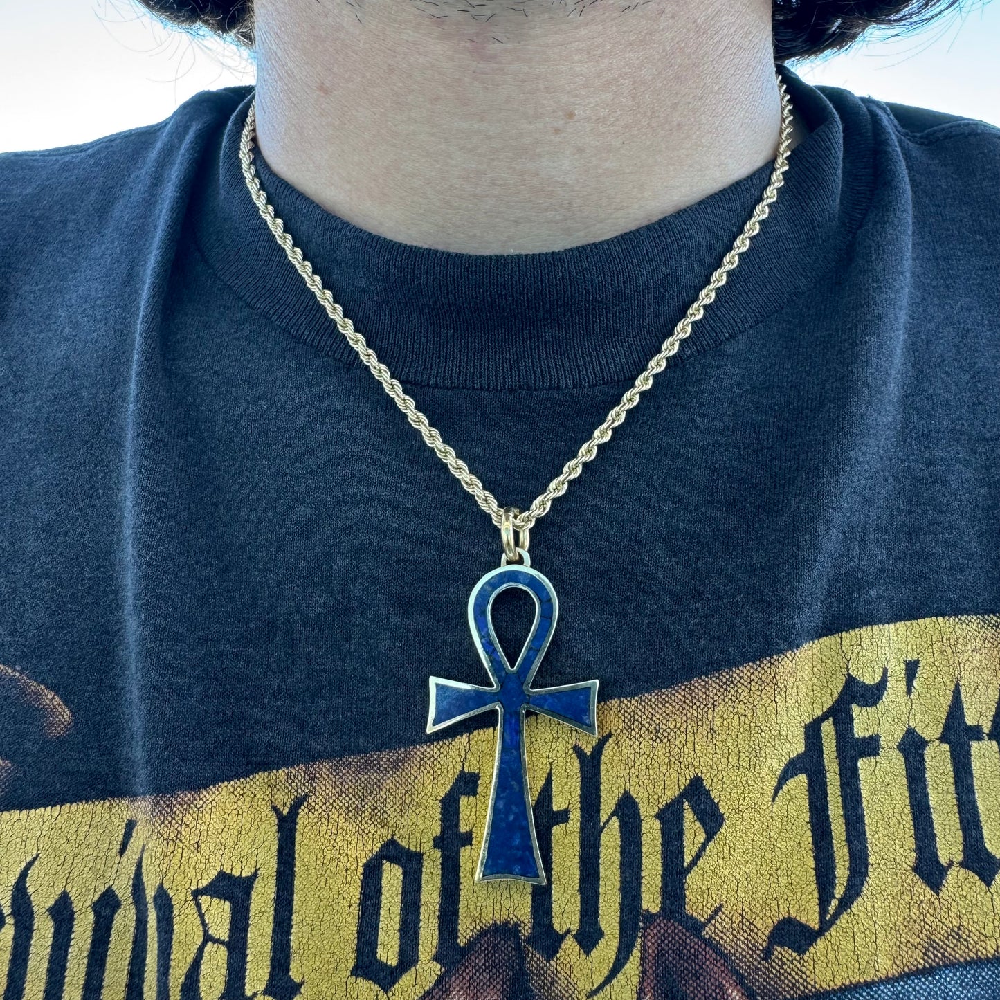 1976 Designer Handcrafted Solid 14k Yellow Gold Lapis Inlaid Egyptian Ankh Pendant