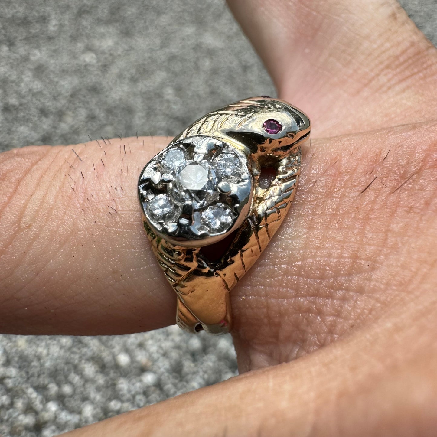 Mid-Century 10k Yellow Gold .45CTW Old Euro Cut Natural Diamond Cluster Snake Ring (8)