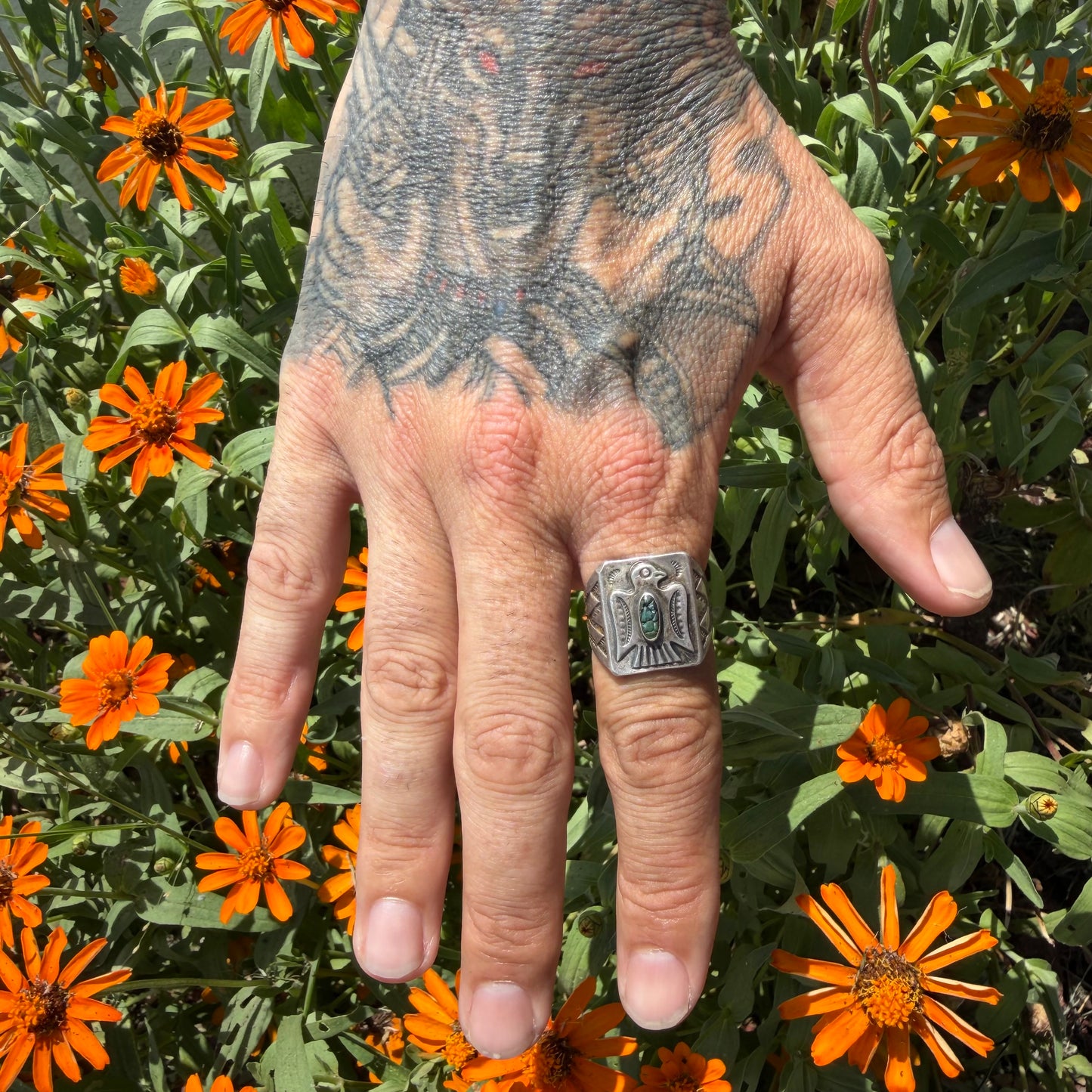 1930’s/40’s Sterling Silver Turquoise Thunderbird Signet Ring (8.75)
