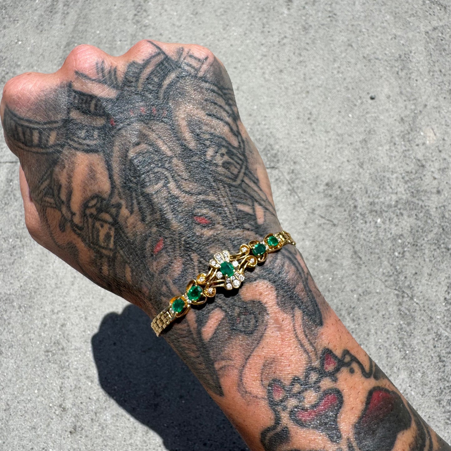 Vintage 18k Yellow Gold 3.25ctw Natural Columbian Emerald And Diamond Panther Link Bracelet (7.25”)