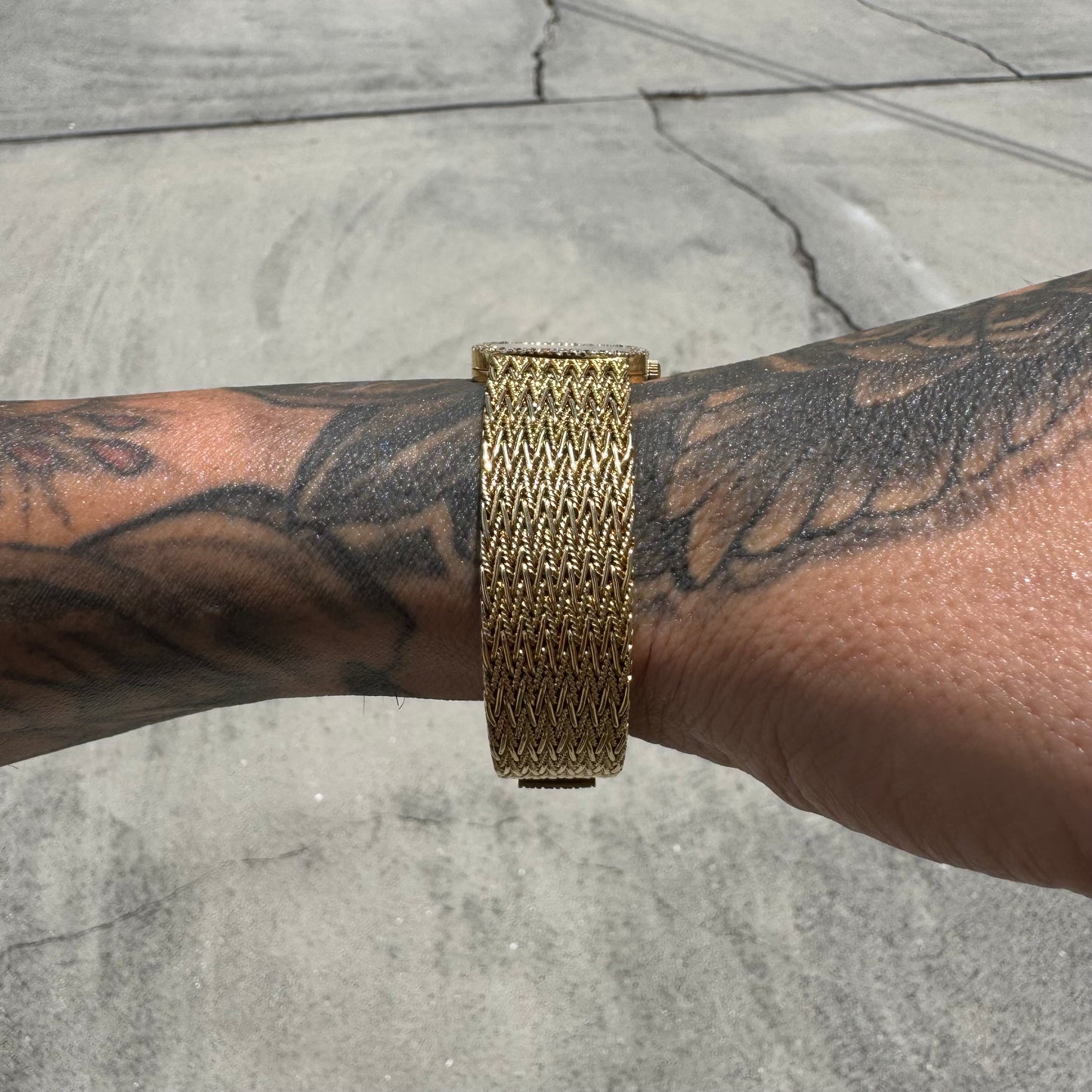Late 1970’s/Early 1980’s Piaget Solid 18k Yellow Gold Factory Diamond Bezel Falcons Eye Stone Dial 9908 D11 Watch (7.5”)
